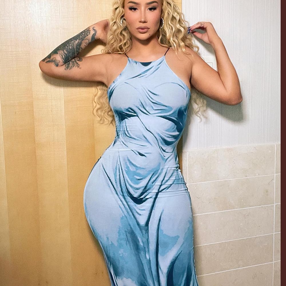 Sexy Women's 3D Print Bodycon Maxi Dress - Spaghetti Strap, Slim Fit, Backless Long Dress for Summer Beach Party, Club Night, Date Night & Vacation