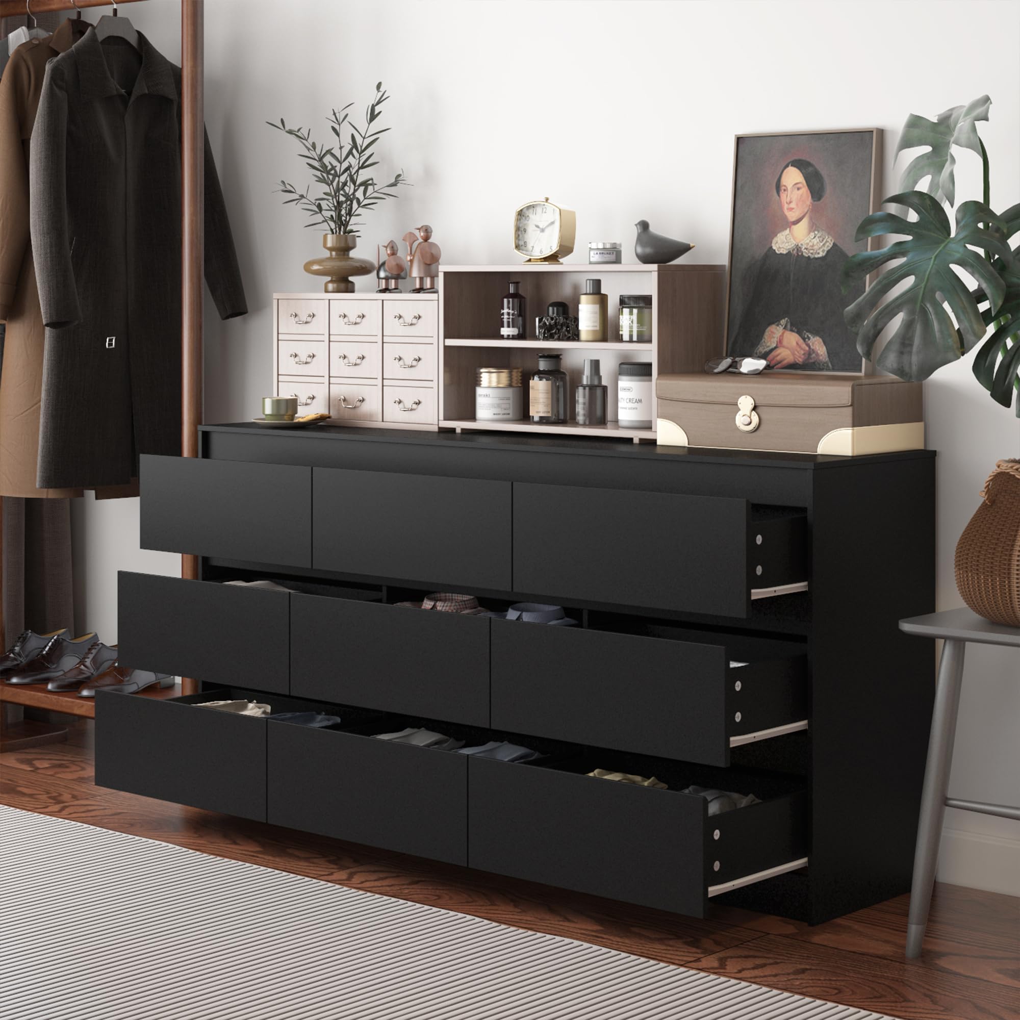 Hitow 9-Drawer Modern Dresser for Bedroom - Black Wood Chest of Drawers with Deep Storage, Handle-Free Design (63