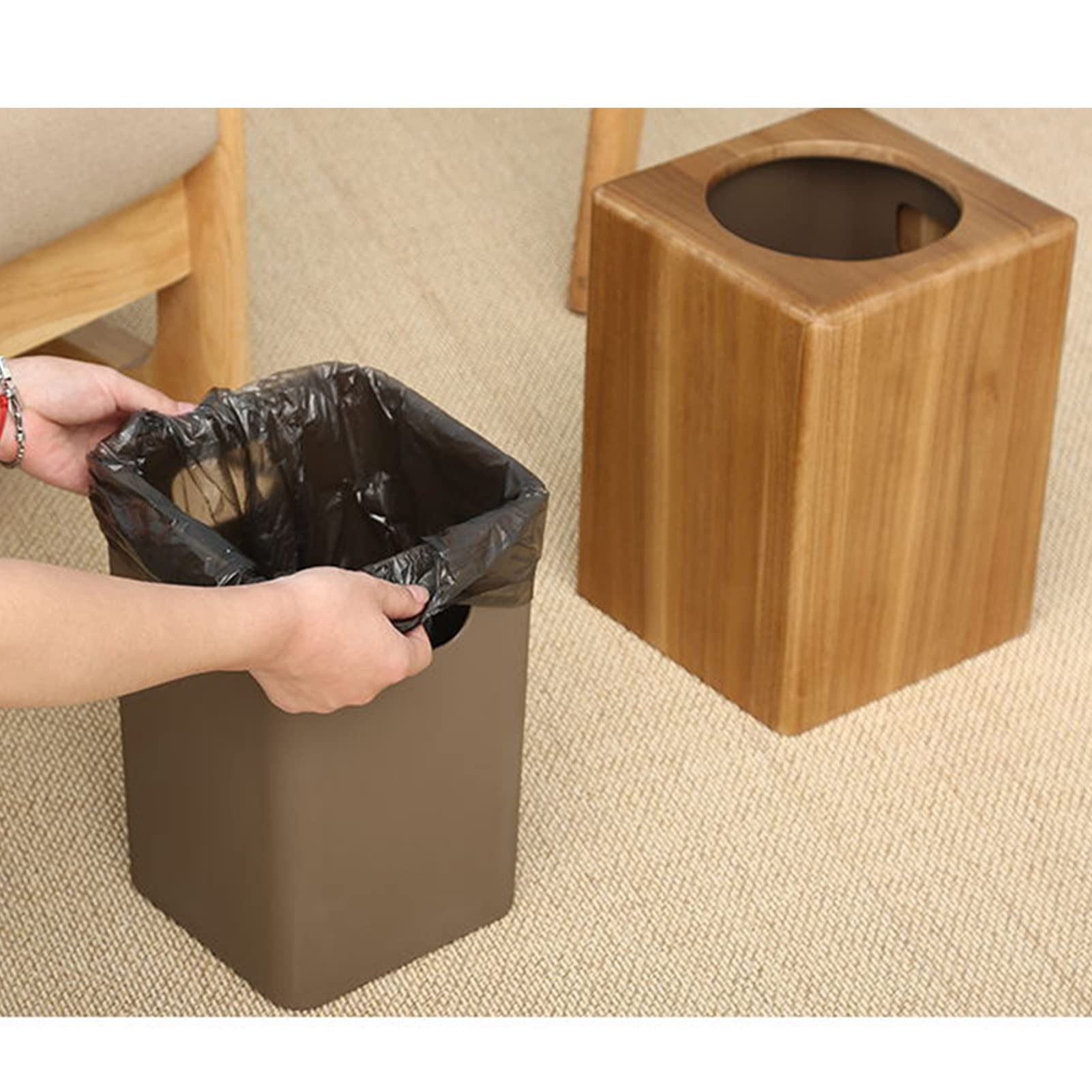 8L Teak Wooden Square Trash Can with Plastic Inner Liner - Stylish Kitchen Garbage Bin for Living Room, Office, Bathroom & Bedroom - Perfect Waste Basket for Home Storage and Organization