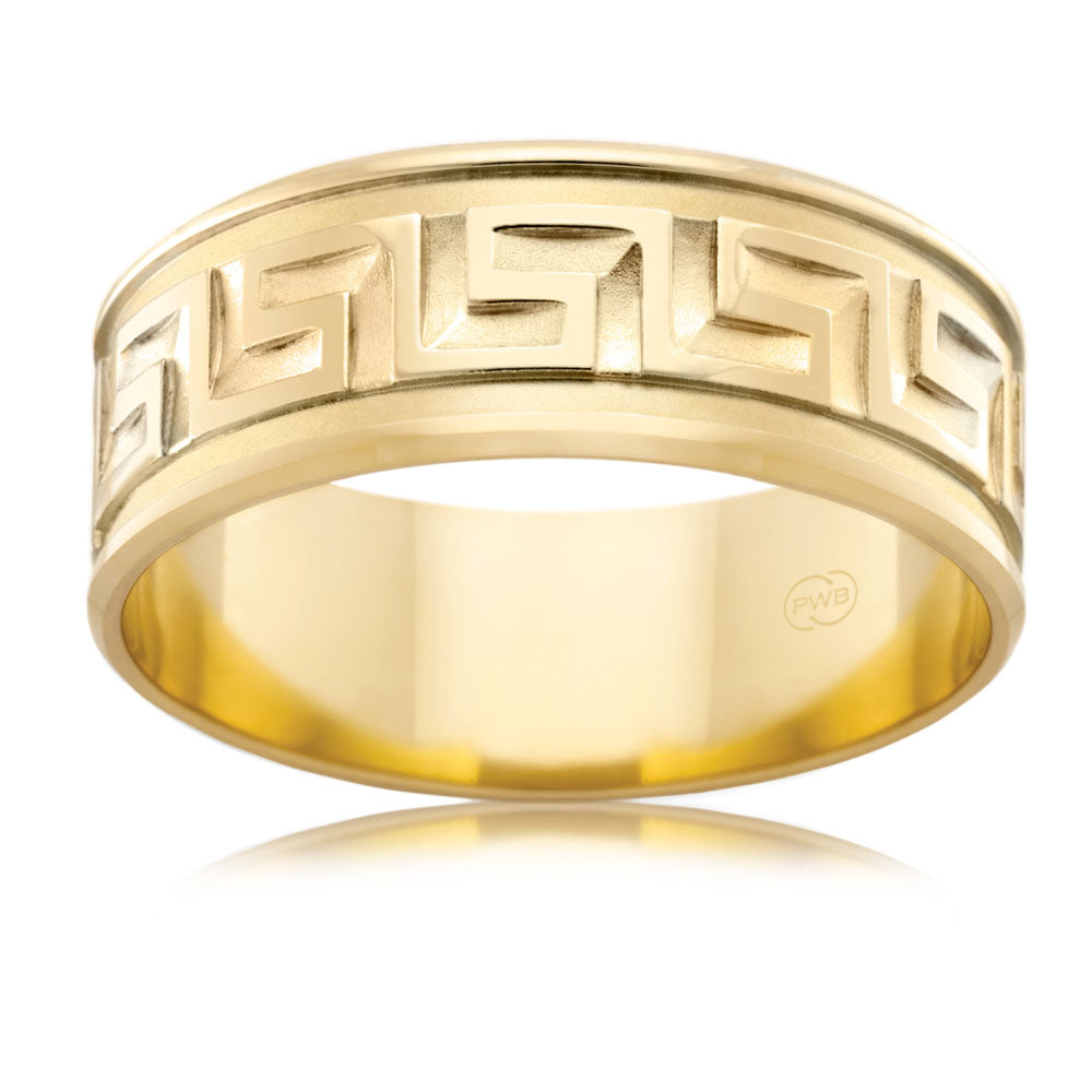 9ct Yellow Gold 8mm Flat Bevel Greek Key Ring - Classic Wedding Band, Anniversary Gift for Him/Her - Size X - Perfect for Engagements, Weddings & Special Occasions