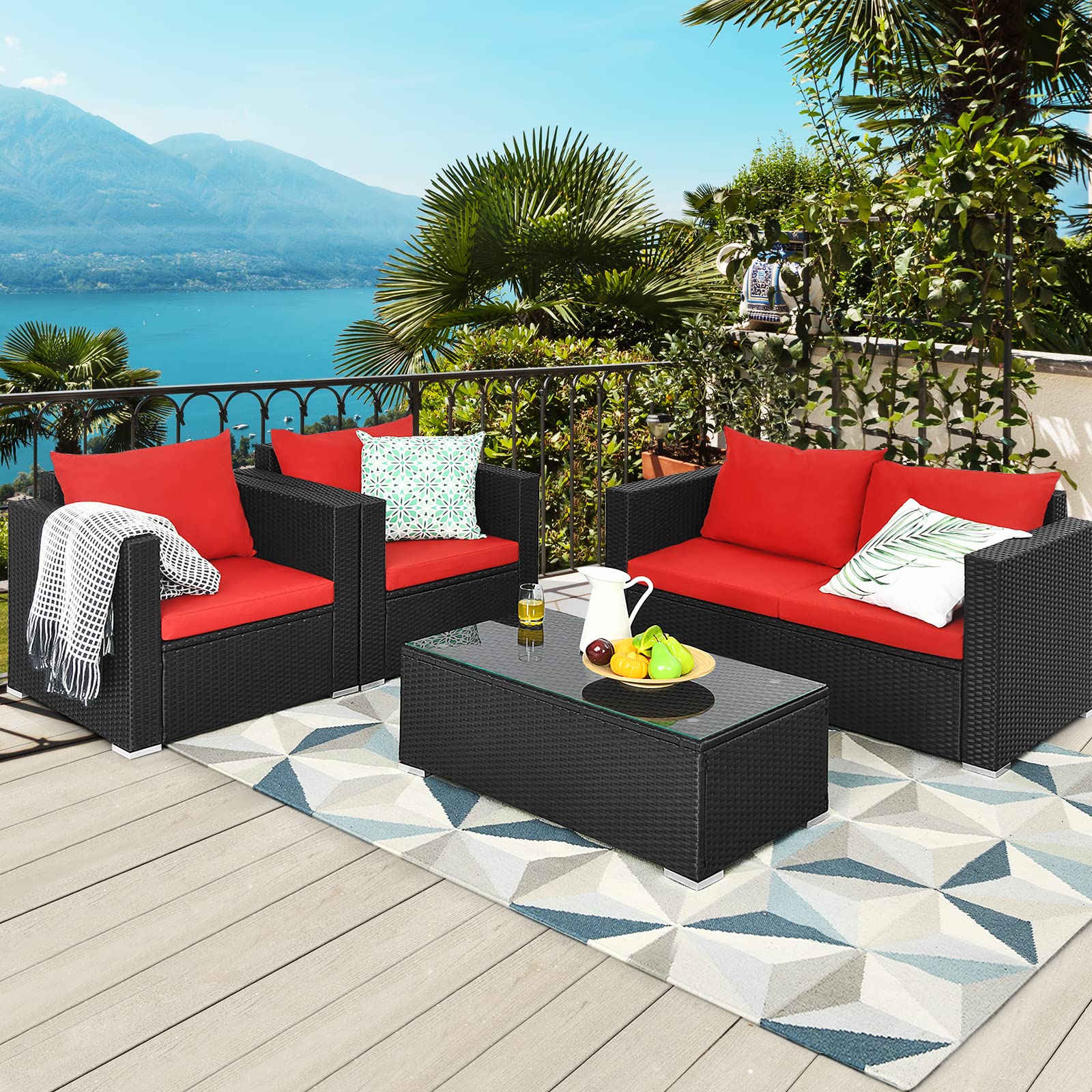 Tangkula 4-Piece Outdoor Rattan Patio Furniture Set - Wicker Sofa Sectional with Cushions & Glass Coffee Table for Garden, Balcony, Courtyard - Perfect for Relaxing, Entertaining & Outdoor Gatherings