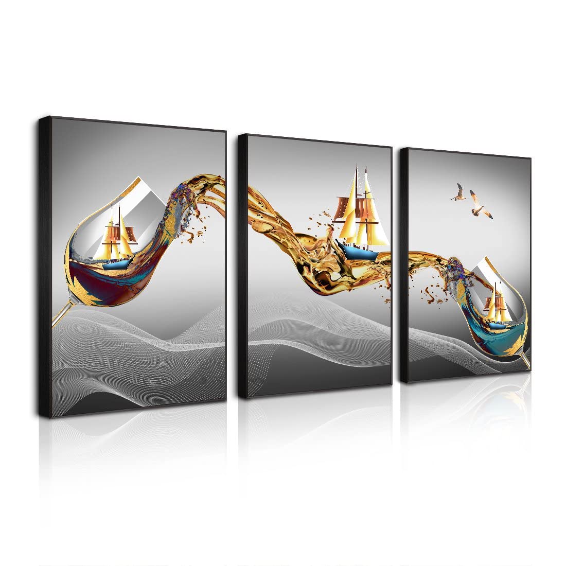 Modern 3-Panel Canvas Wall Art - Wine Glass Framed Print for Home Decor - Aluminum Alloy Frame (12x18 Inches x 3) - Perfect for Living Room, Bedroom & Dining Room Wall Decor