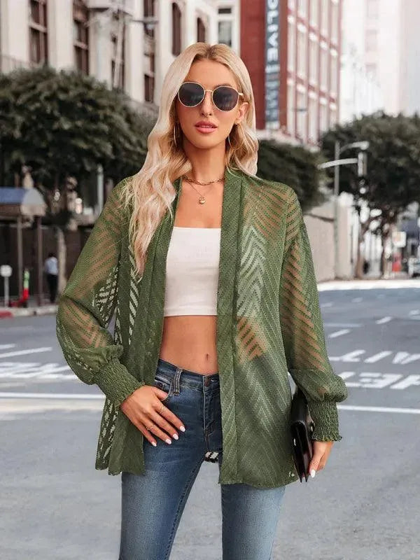 Elegant Loose Fit Jacquard Women's Cardigan Sweater - Soft Knit Open Front Long Sleeve Wrap for Fall & Winter Fashion, Office Wear and Casual Outfits