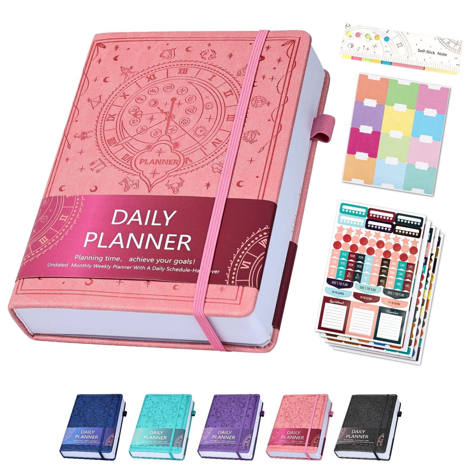 Ospelelf 2025 Leather Undated Daily Planner (5.5 x 8.5'') - Weekly & Monthly Life Organizer, Productivity Journal Notebook with Stickers, A5 Hardcover (Pink) | Perfect for Work, School, Goal Tracking & Personal Planning