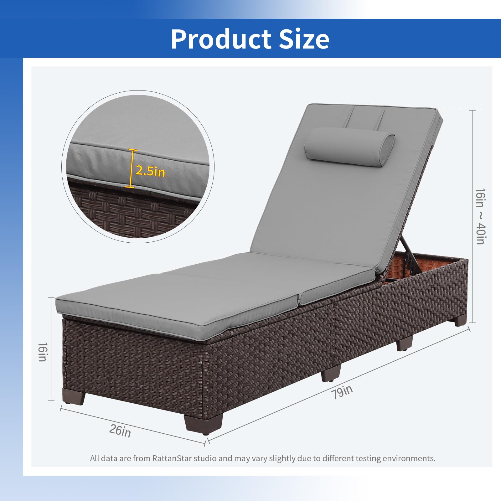 Brown Wicker Patio Chaise Lounge Chairs Set of 2 - Outdoor Poolside Recliners with Grey Cushions & Headrest - Perfect for Backyard, Pool Deck, Beach and Garden Relaxation