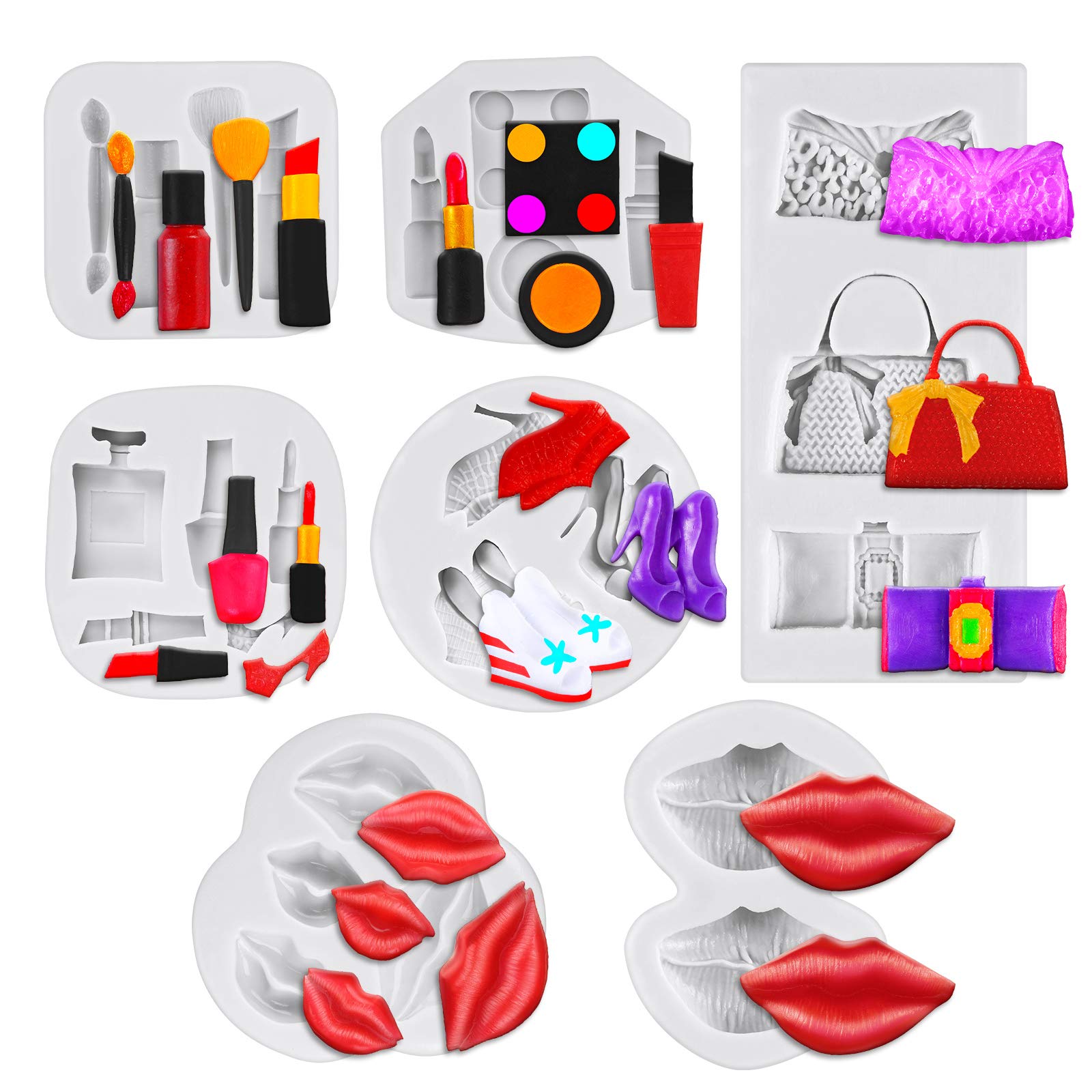 7-Piece Makeup Theme Silicone Molds Set for Cake, Chocolate, Lipstick, Perfume & High Heels - 3D Fondant Molds for Resin Crafts, DIY Decorating & Handmade Soap Making - Perfect for Birthday Parties, Wedding Favors & Baking Supplies