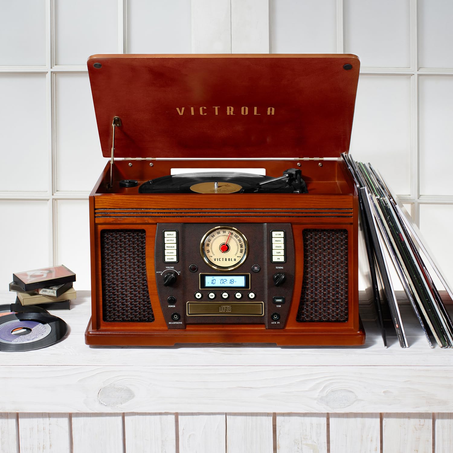 Victrola Aviator 8-in-1 Bluetooth Record Player & Multimedia Center with Built-in Stereo Speakers - 3-Speed Turntable, Vinyl to MP3 Recording, Wireless Music Streaming, Mahogany Finish | Perfect for Home Entertainment, Vinyl Collectors & Music Lovers