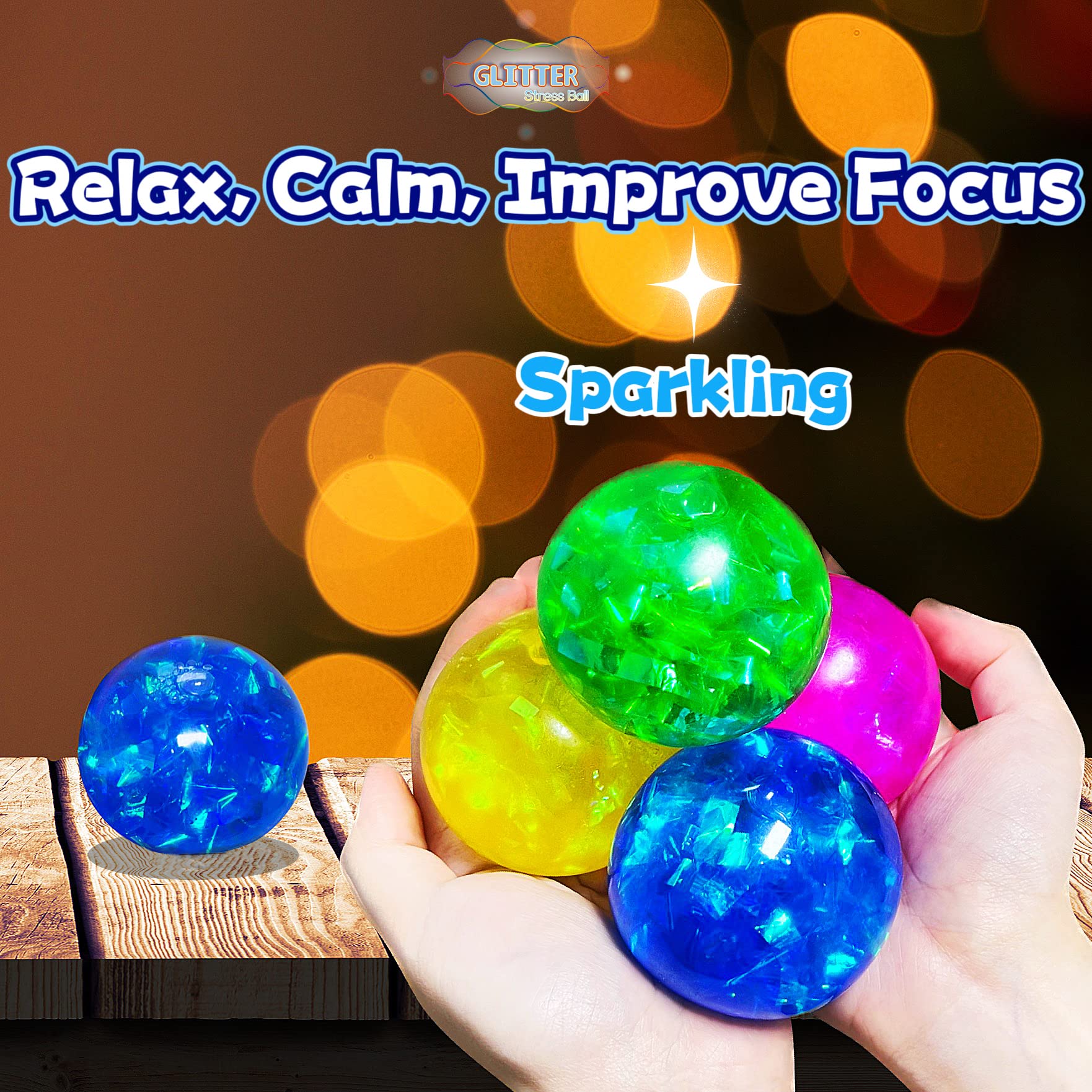 Blue Glitter Stress Balls for Kids & Adults - Squeeze & Stretch Sensory Fidget Toys for Anxiety Relief, Party Favors & Easter Basket Stuffers - Perfect for Office, Classroom & Travel Stress Management