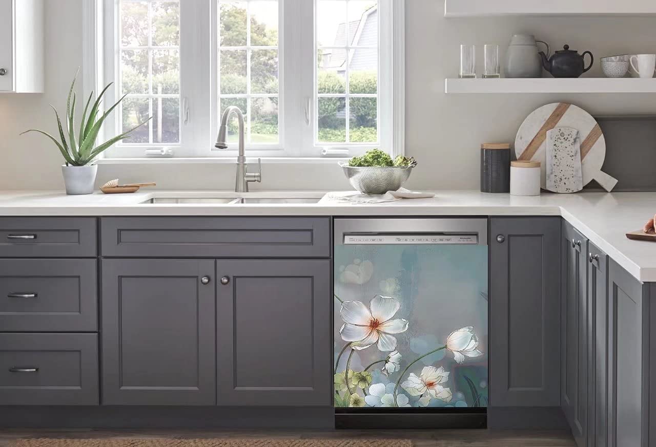 Stylish White Floral Dishwasher Cover - Decorative Magnetic Panel for Front Dishwasher Door, Kitchen Appliance Decal | Perfect for Modern Kitchens & Home Decor