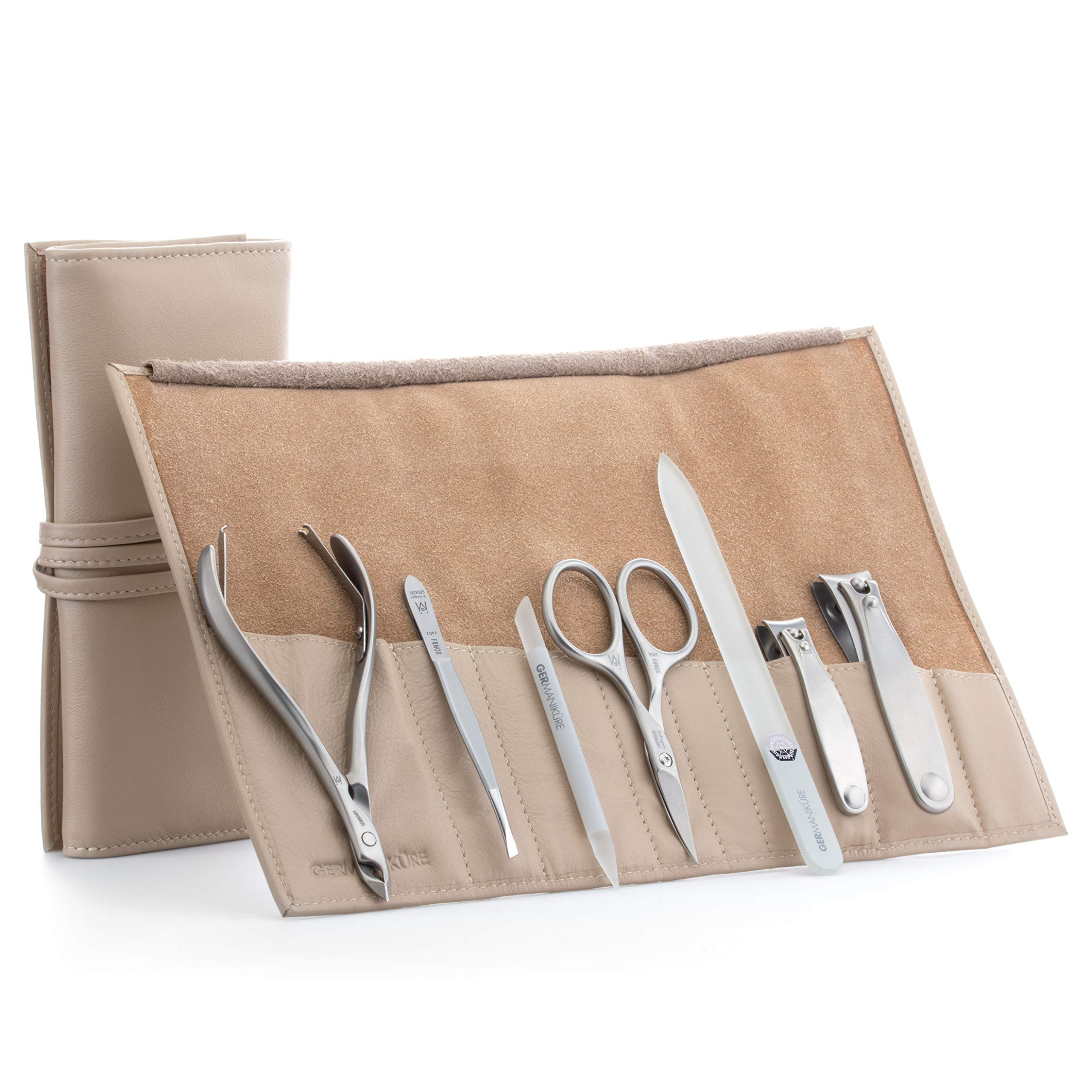 Premium 7-Piece Manicure Set in Beige Leather Case - German Stainless Steel & Czech Glass Nail Tools - Professional Cuticle Care Kit for Home, Salon & Travel Grooming