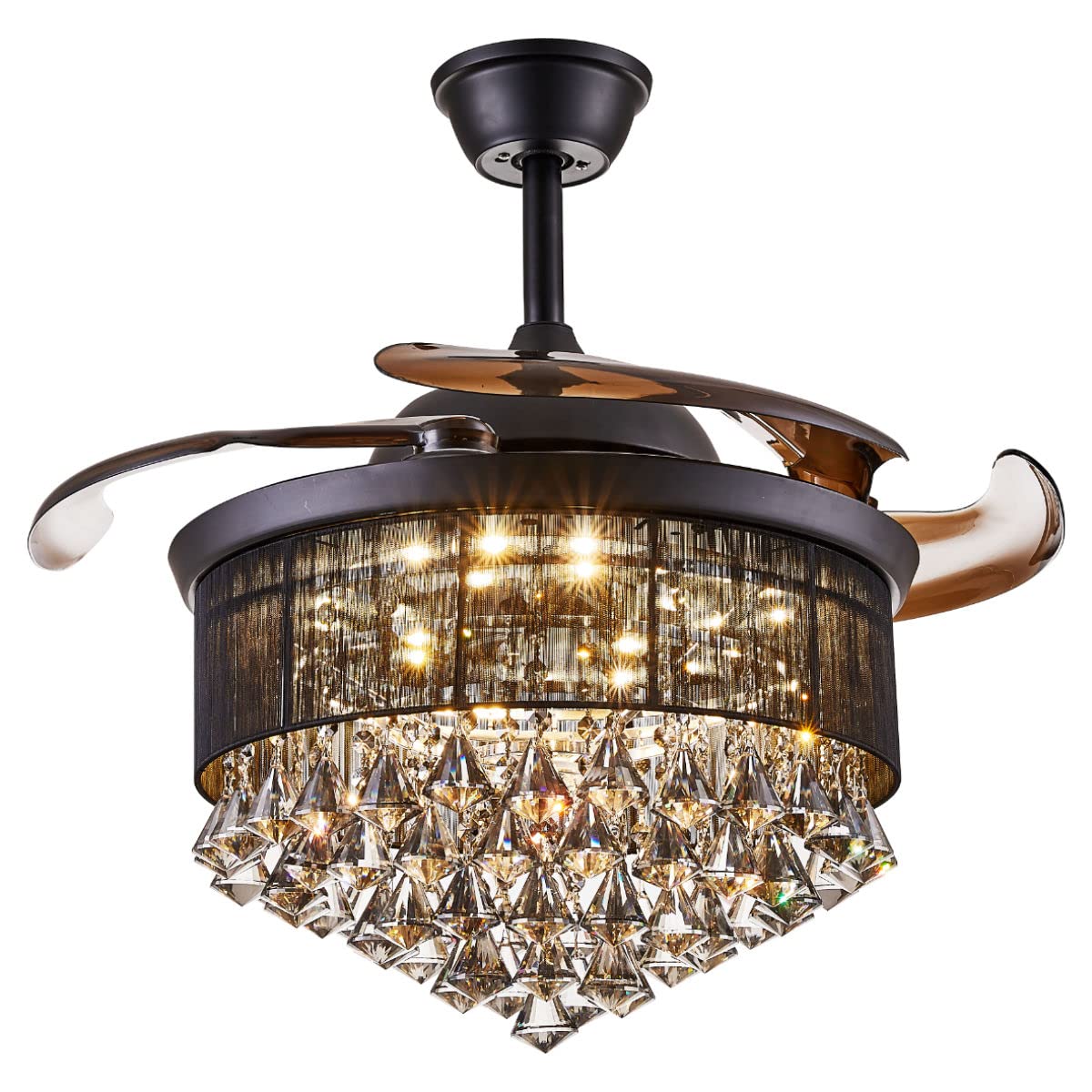 42 Inch Retractable Crystal Ceiling Fan with LED Lights & Remote Control - 6-Speed Dimmable Chandelier Fan with Reversible Motor & Memory Function for Bedroom, Living Room, Dining Room - Modern Home Cooling & Decorative Lighting Solution