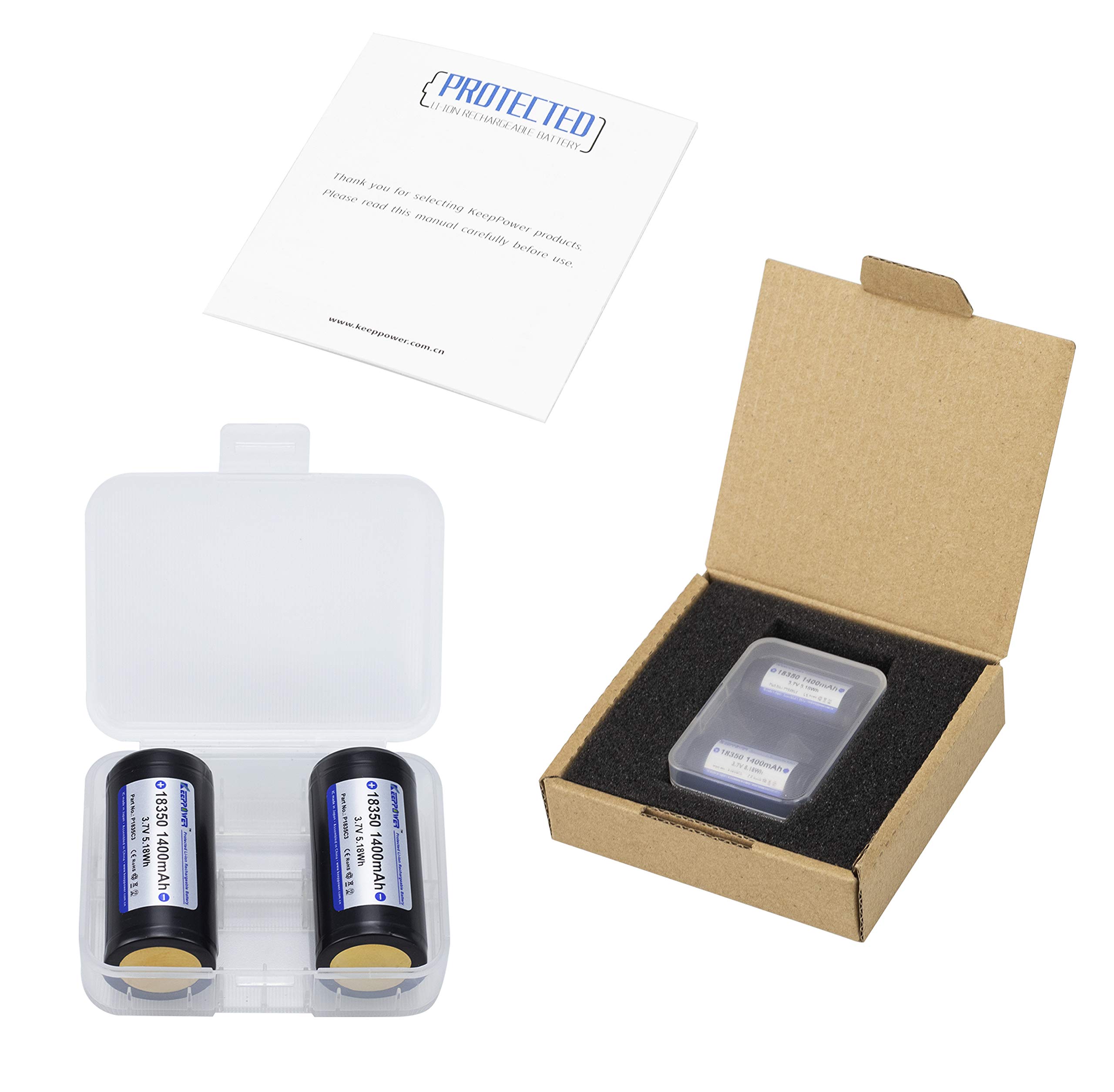 Keeppower Protected 18350 Li-ion Rechargeable Battery 3.7V 1400mAh 5.18Wh Button Top - 2 Pack for Flashlights, LED Torches & Emergency Lights (Not IMR18350)