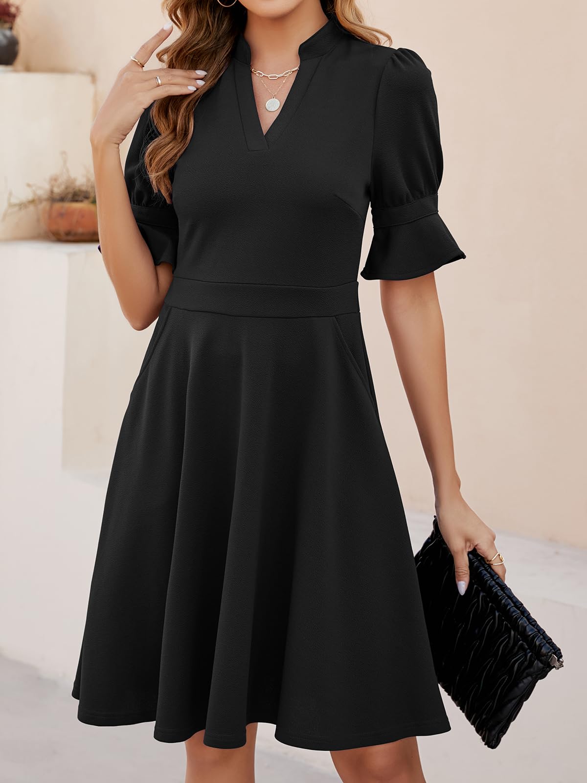 Mokayee Women's Summer V-Neck Ruffle Short Sleeve Fit and Flare Knee-Length Dress with Pockets - Perfect for Church, Wedding Guest, Party & Casual Occasions