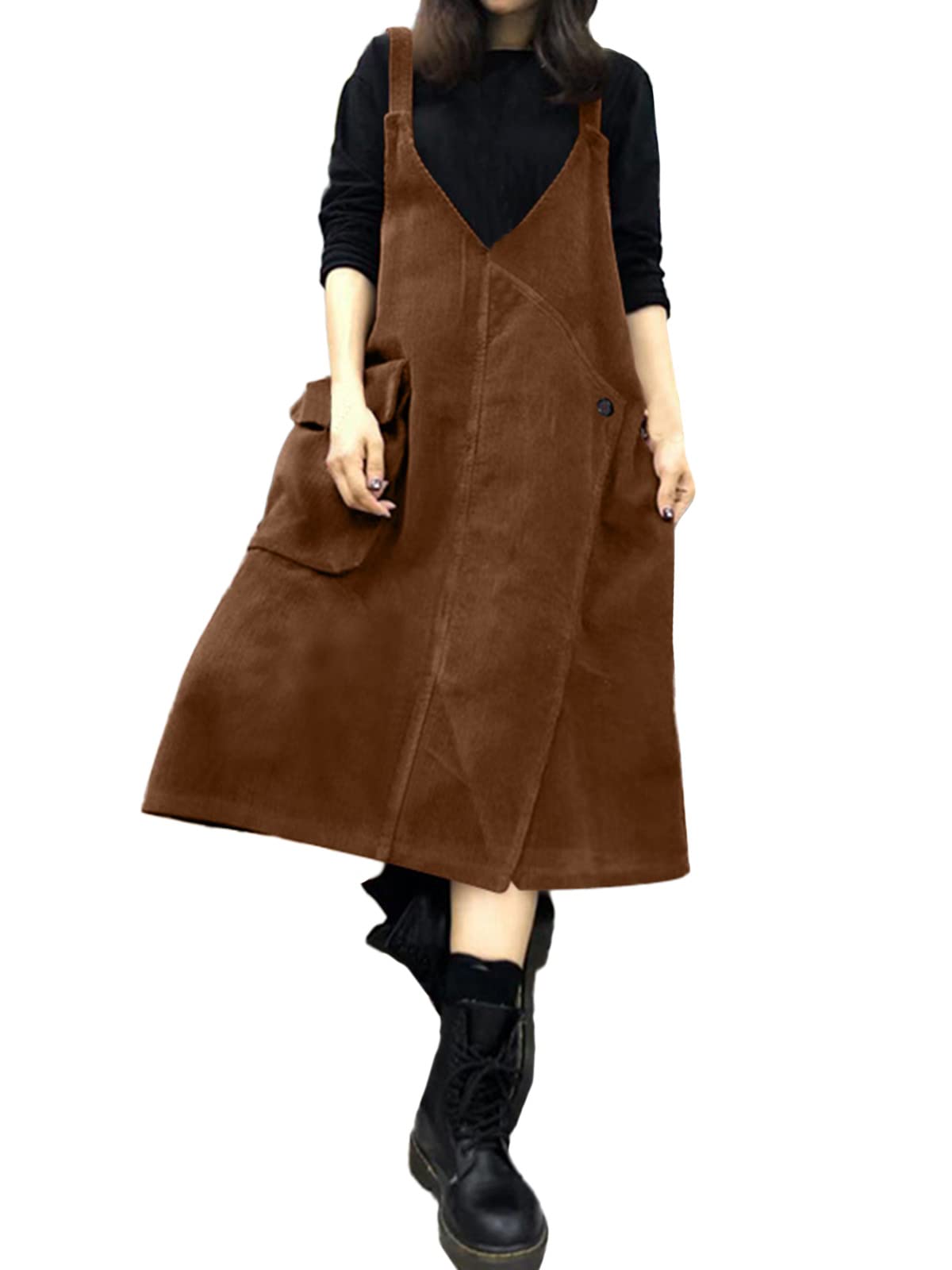 ZANZEA Women's Plus Size Loose Fit Corduroy Midi Dress with Button Embellishments - Casual Bib Suspender Pinafore Dress for Everyday Wear, Office & Date Nights