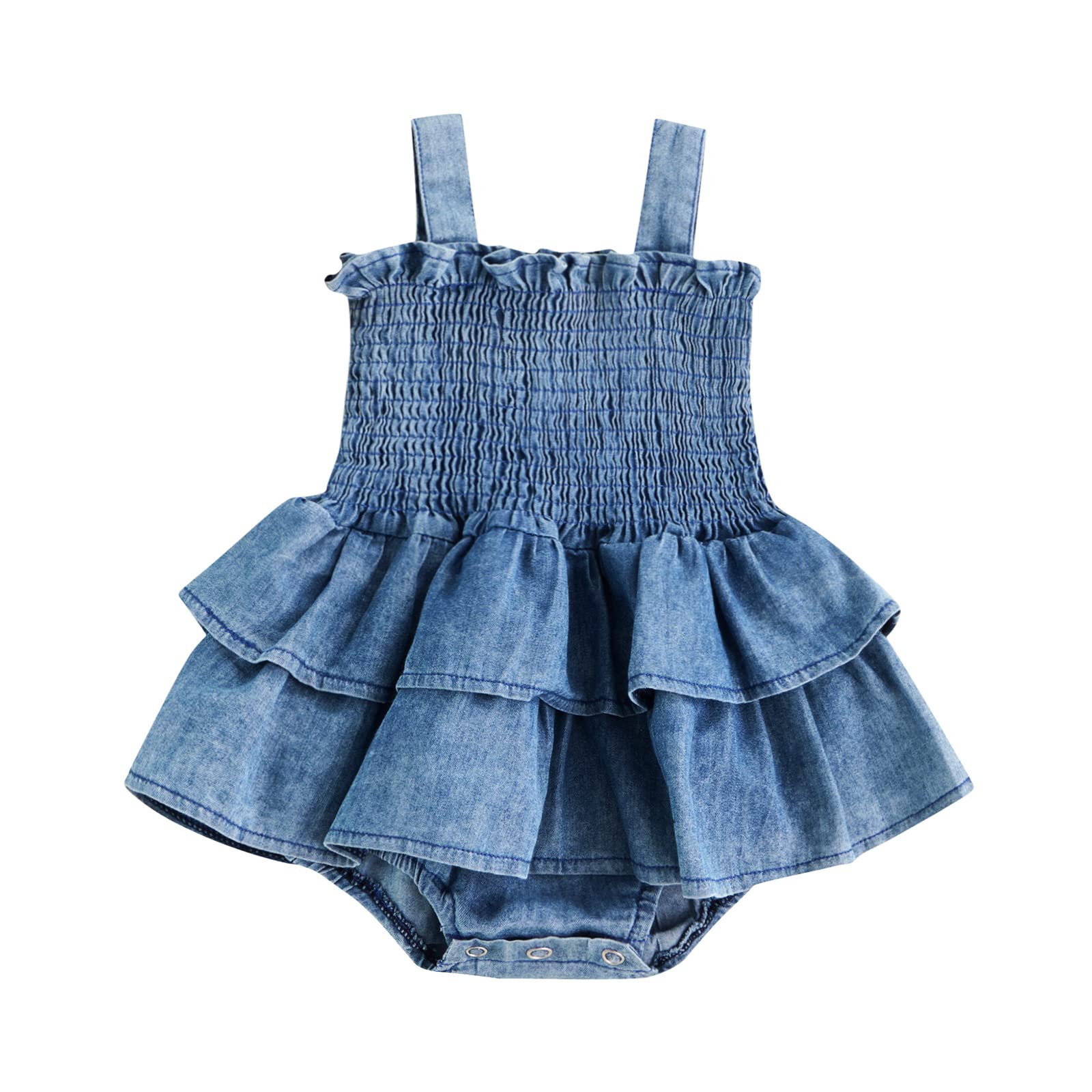 Baby Girls Denim Romper Dress - Sleeveless Suspender Jumpsuit with Pleated Ruffle & Snap Closure | Cute Infant Outfit for Playdates, Photo Shoots & Summer Wear