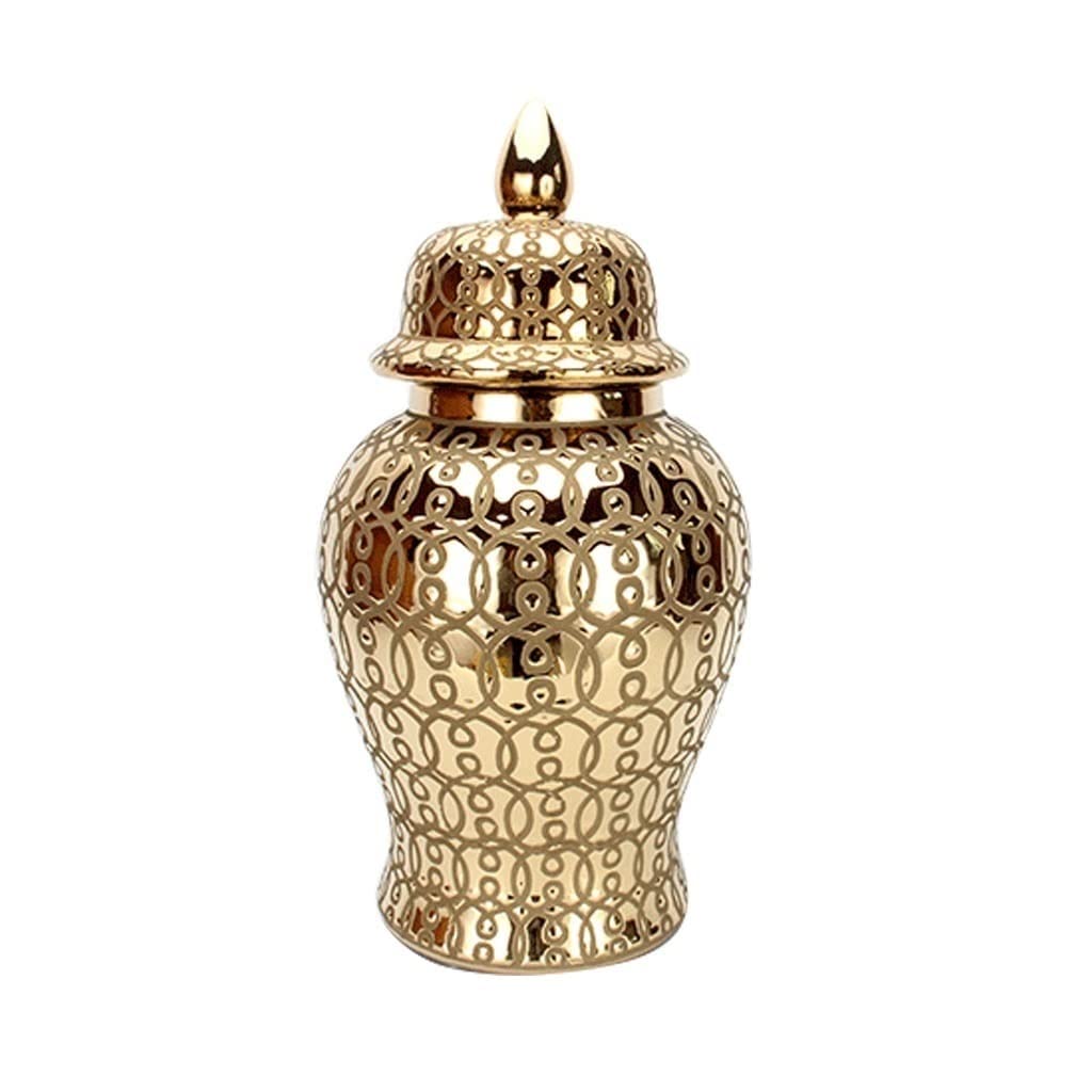 DU HUI Traditional Chinese Gold Porcelain Ginger Jar with Lid - Antique Ceramic Temple Jar for Home Decor, Flower Pot, Tea & Storage - Multi-Colored (Medium Size) - Perfect for Living Room, Office & Tea Ceremonies
