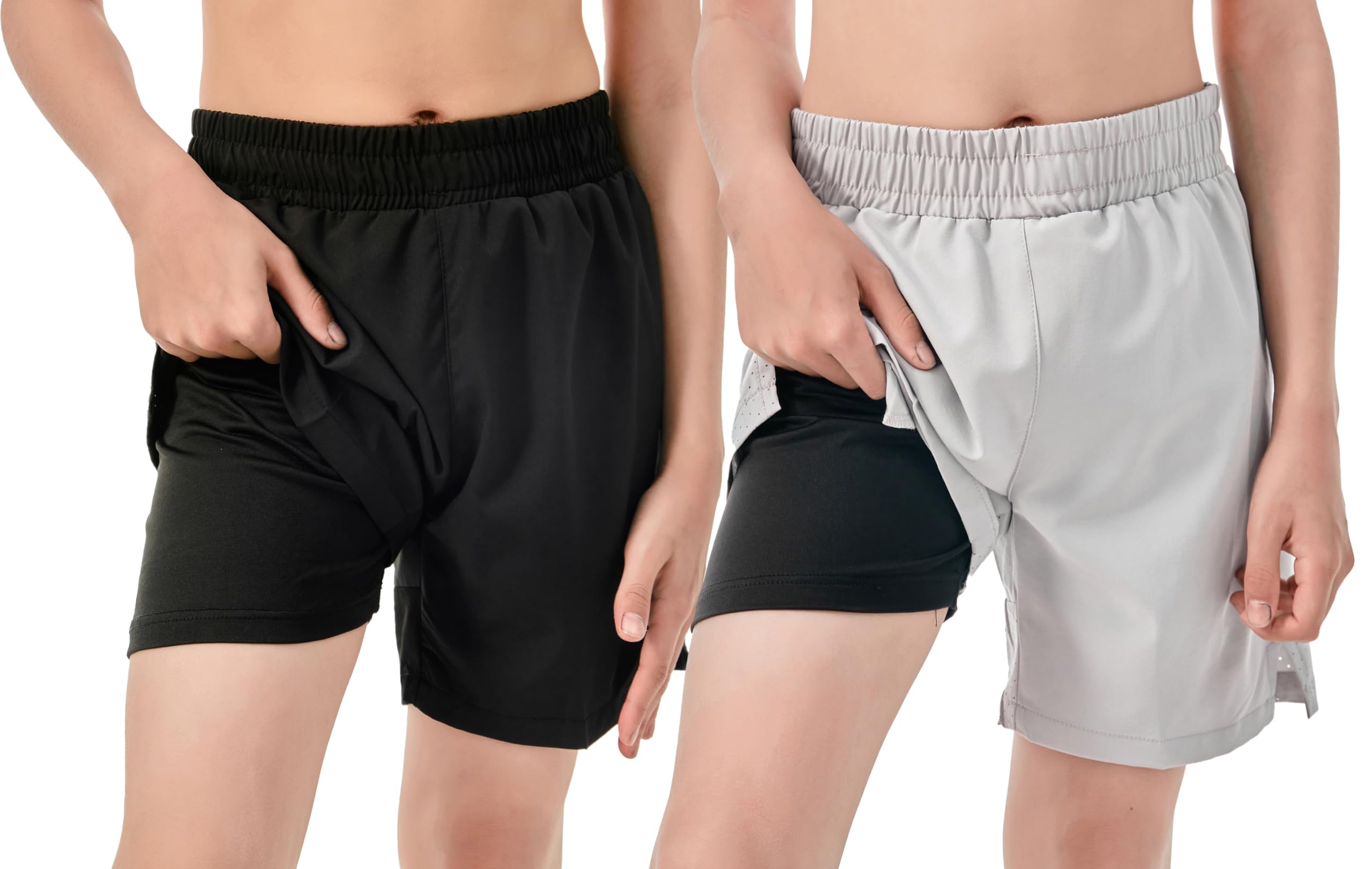 IRELIA 2 Pack Boys' Quick-Dry Athletic Shorts with Compression Liner, Zipper Pockets & Reflective Strips - Breathable Sports Shorts for Running, Soccer, Basketball & Outdoor Activities