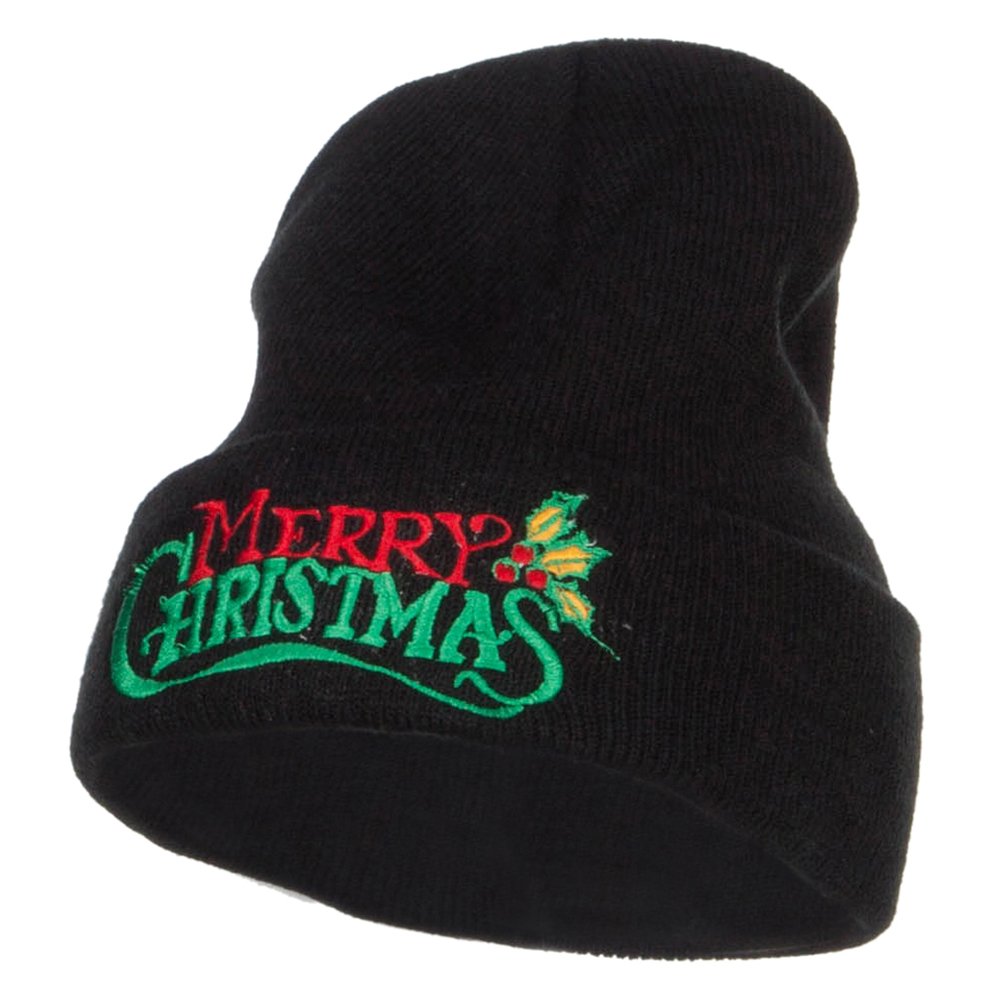 Merry Christmas Mistletoe Embroidered Long Beanie Hat - Festive Winter Knit Cap for Holiday Parties & Outdoor Activities - Cozy Xmas Gift for Women & Men - e4Hats.com
