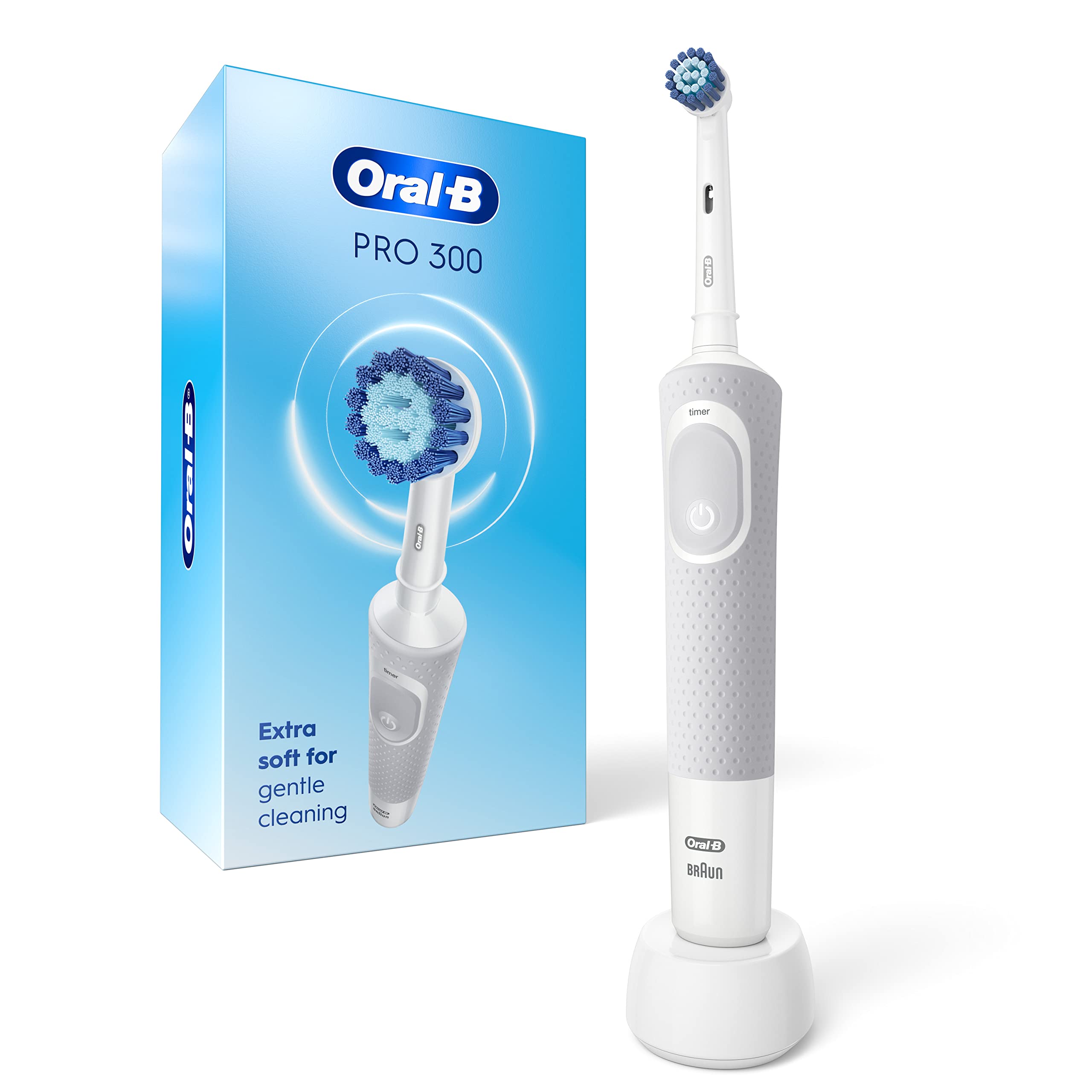 Oral-B Pro 300 Sensitive Clean Rechargeable Electric Toothbrush with 1 Brush Head - Gentle Whitening for Sensitive Teeth - Perfect for Travel & Daily Oral Care (White)