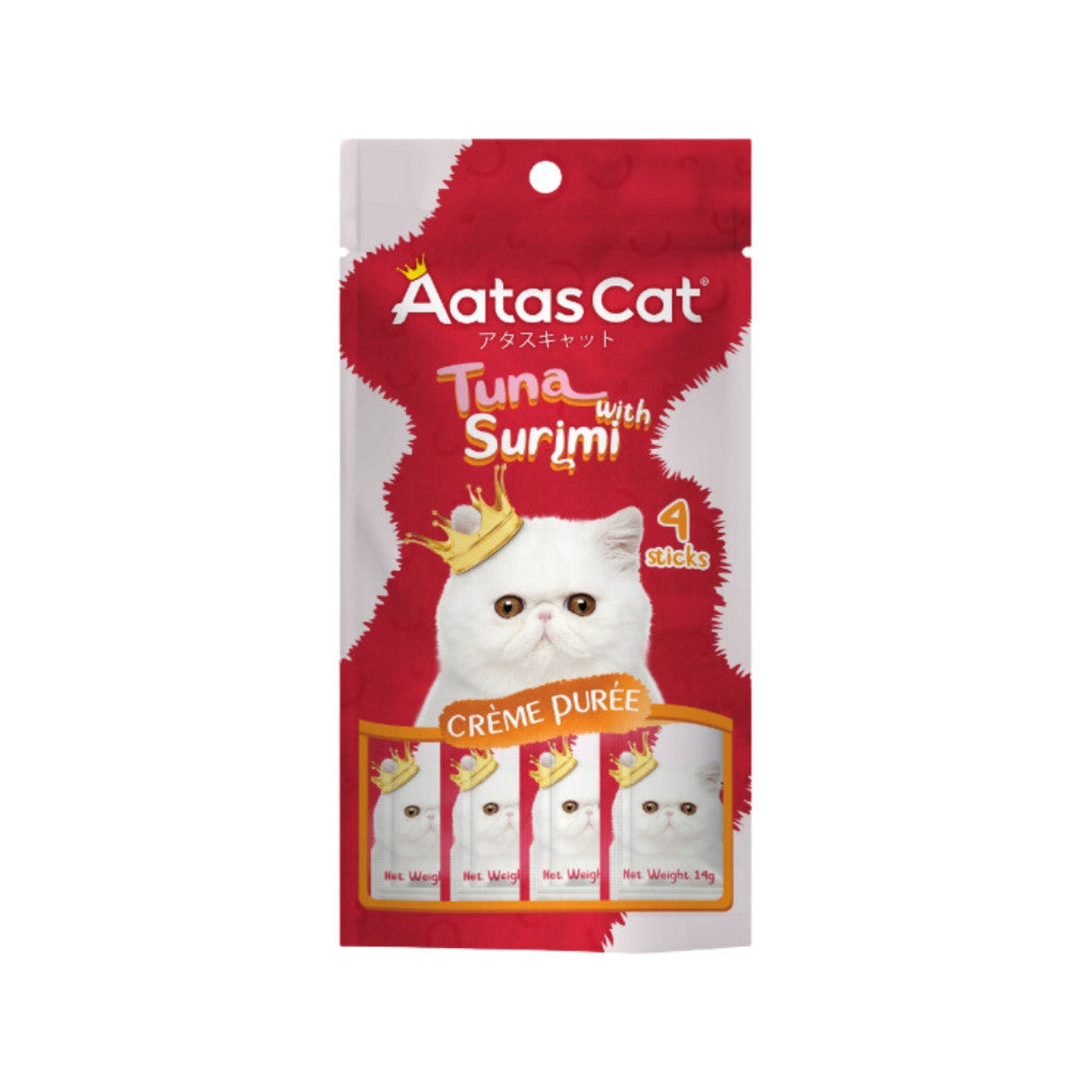 Aatas Cat Crème Purée Cat Treats 14g x 4 Sachets - Smooth Creamy Tuna, Chicken & Surimi Flavored with Coconut Oil - Perfect for Rewards, Training & Bonding with Your Feline Friend
