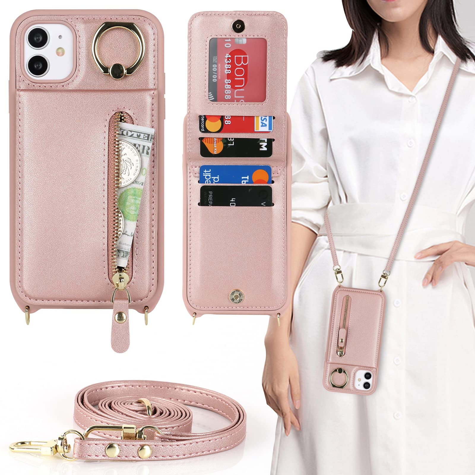 Premium Shockproof iPhone 11 Case with Card Holder & Kickstand - Rose Gold Wallet Phone Case for Women with Crossbody Strap & Zipper Closure | Perfect for Travel, Shopping & Everyday Protection
