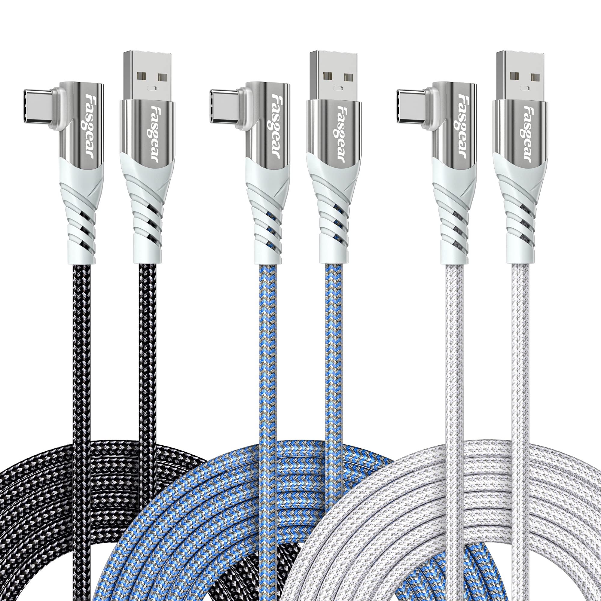 Fasgear 10ft USB C Cable 2 Pack - 3A Fast Charging Nylon Braided Type C 2.0 Charger Cord for Samsung Galaxy S22/S21/Note 20, Moto G, LG V50, PS5, Nintendo Switch - Black/Blue/White - Perfect for Gaming, Travel & Home Charging