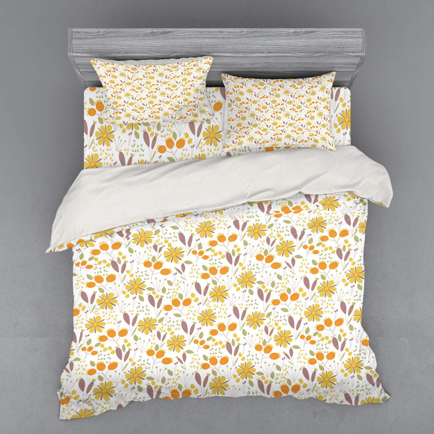 Ambesonne Floral Bedding Set - King Size 4-Piece Duvet Cover with Shams & Fitted Sheet, Autumn Field Gardening Cottage Yard Design, Hand-Drawn Fall Foliage Motif, Multicolor | Perfect for Cozy Farmhouse Bedrooms & Seasonal Home Decor