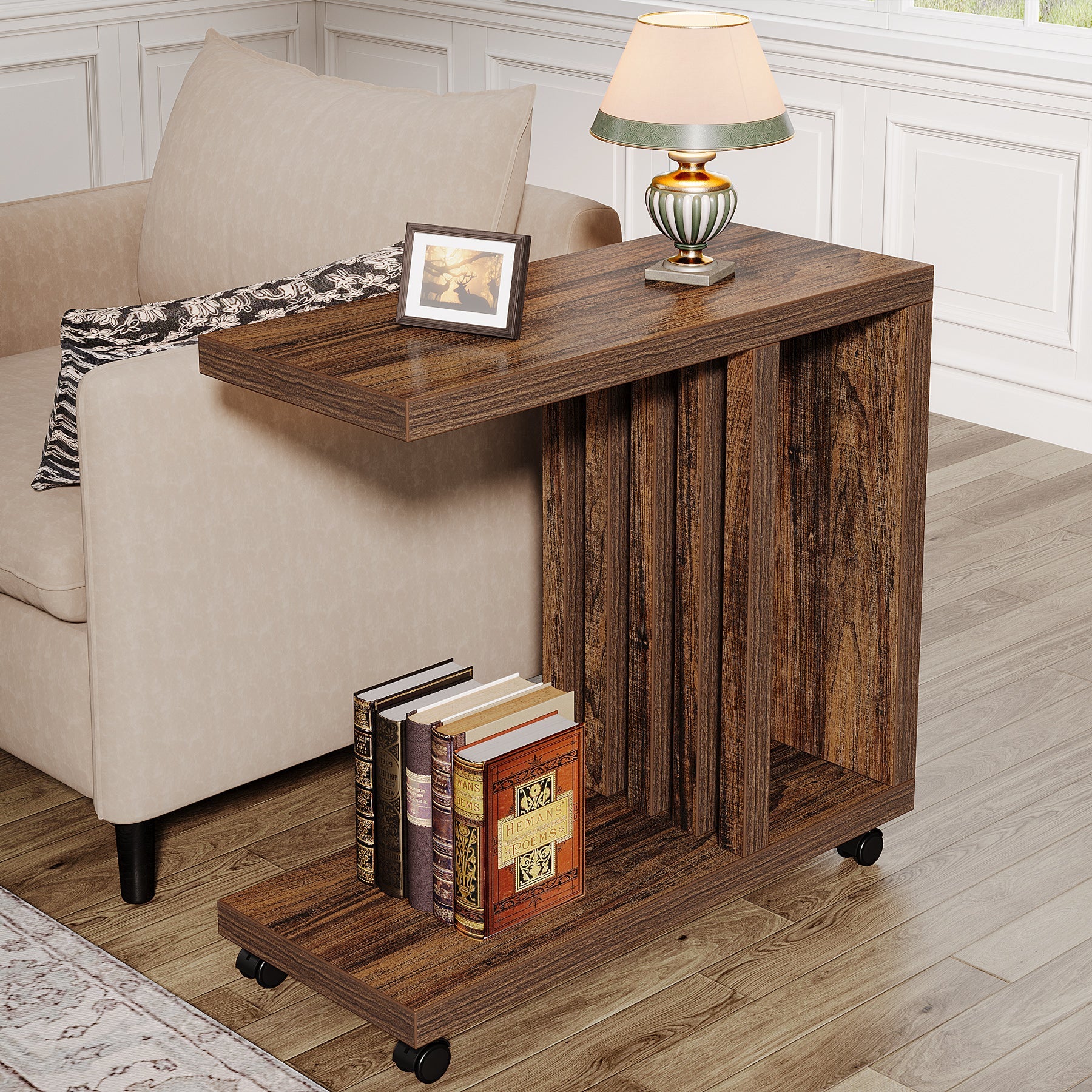 2 Tier C-Shaped End Table with Lockable Wheels - Modern Wood Side Table for Living Room, Bedroom & Office - Perfect for Small Spaces, Nightstand, or Extra Storage