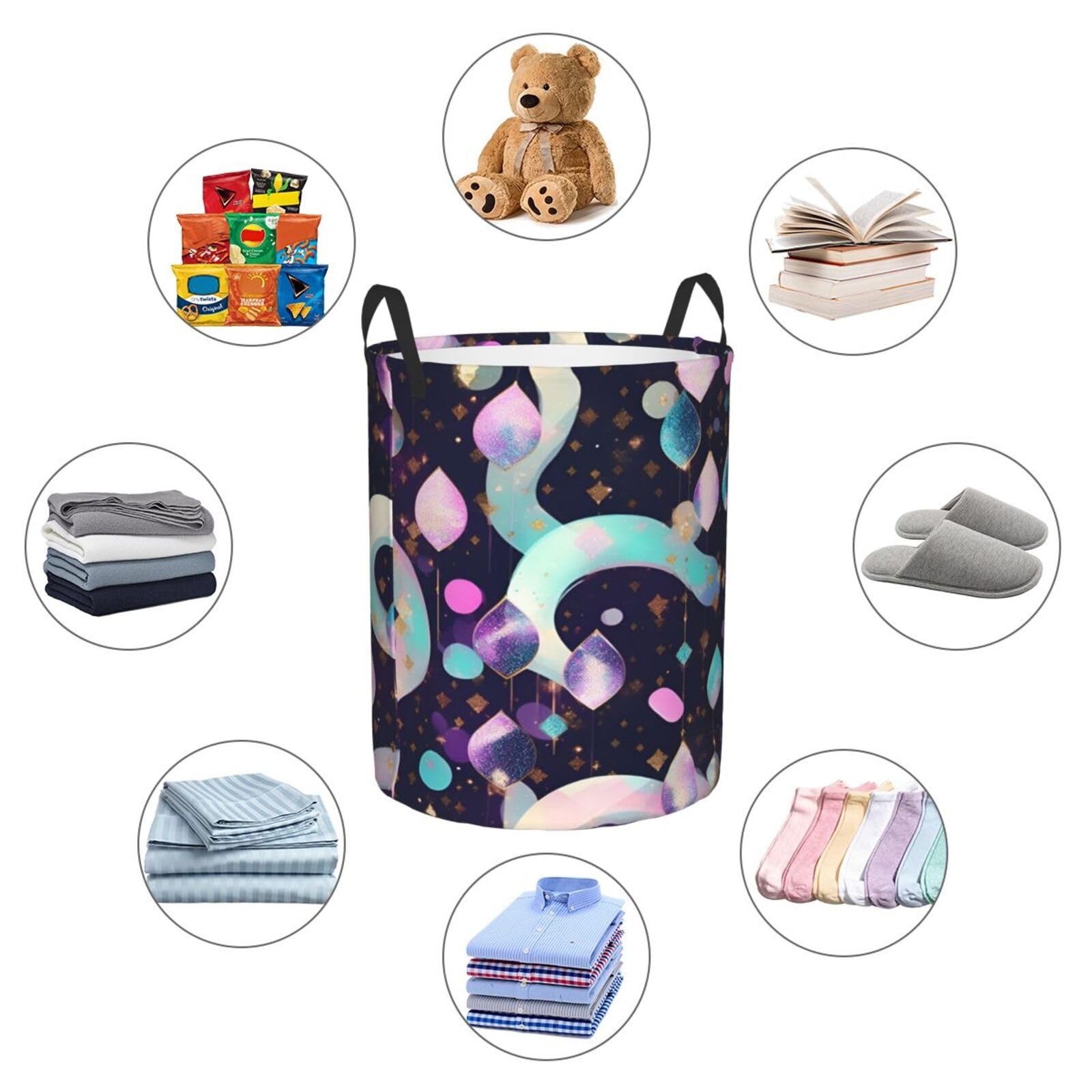 Sparkly Round Laundry Hamper with Stylish Print - Perfect for Storing Clothes, Toys & Books | Ideal for Bedroom, Nursery & Dorm Organization