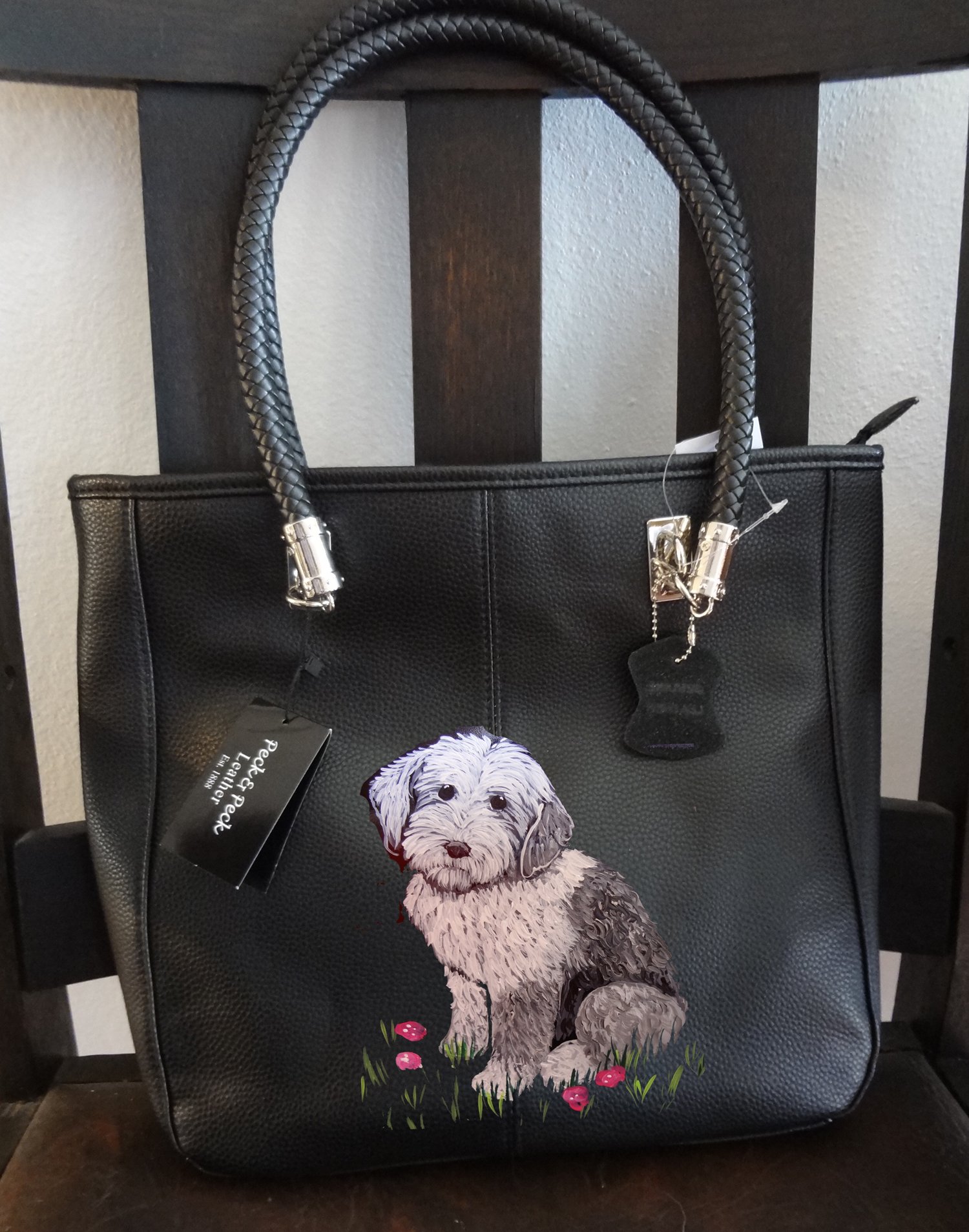 Hand-Painted Genuine Leather Tote Bag with Old English Sheepdog Design - Unique Wearable Art Purse for Women, Perfect for Casual Outings & Dog Lover Gifts