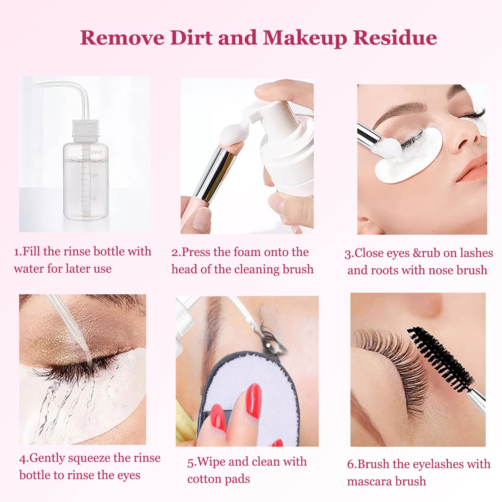 50ml Eyelash Extension Cleanser & Lash Shampoo Kit - Includes 50pcs Eyelash Brushes, Cleaning Brushes, Makeup Remover Pads & Rinse Bottle for Salon & Home Use (Pink) - Perfect for Lash Extension Aftercare & Gentle Cleansing