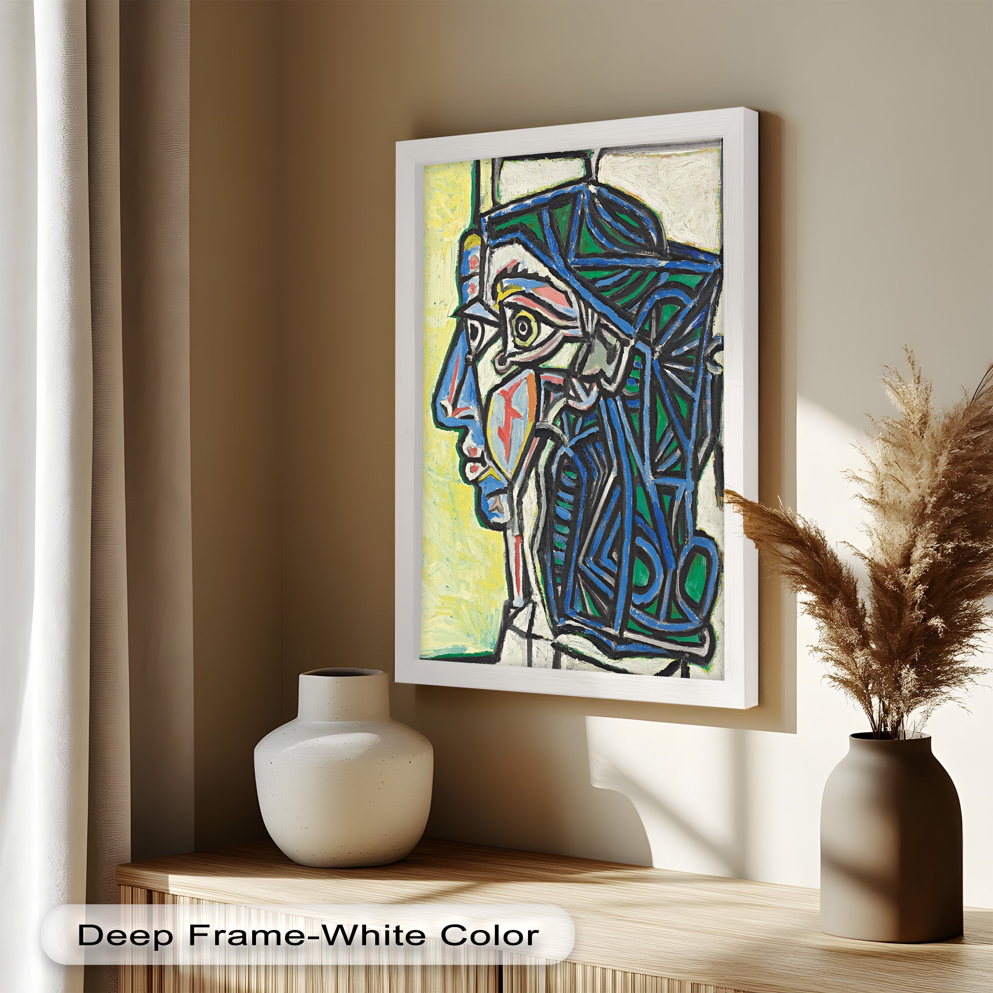 Angular Gaze - Modern Geometric Portrait with Blue and Green Lines | Picasso Style Oil Painting | Perfect for Contemporary Home Decor & Art Gallery Display