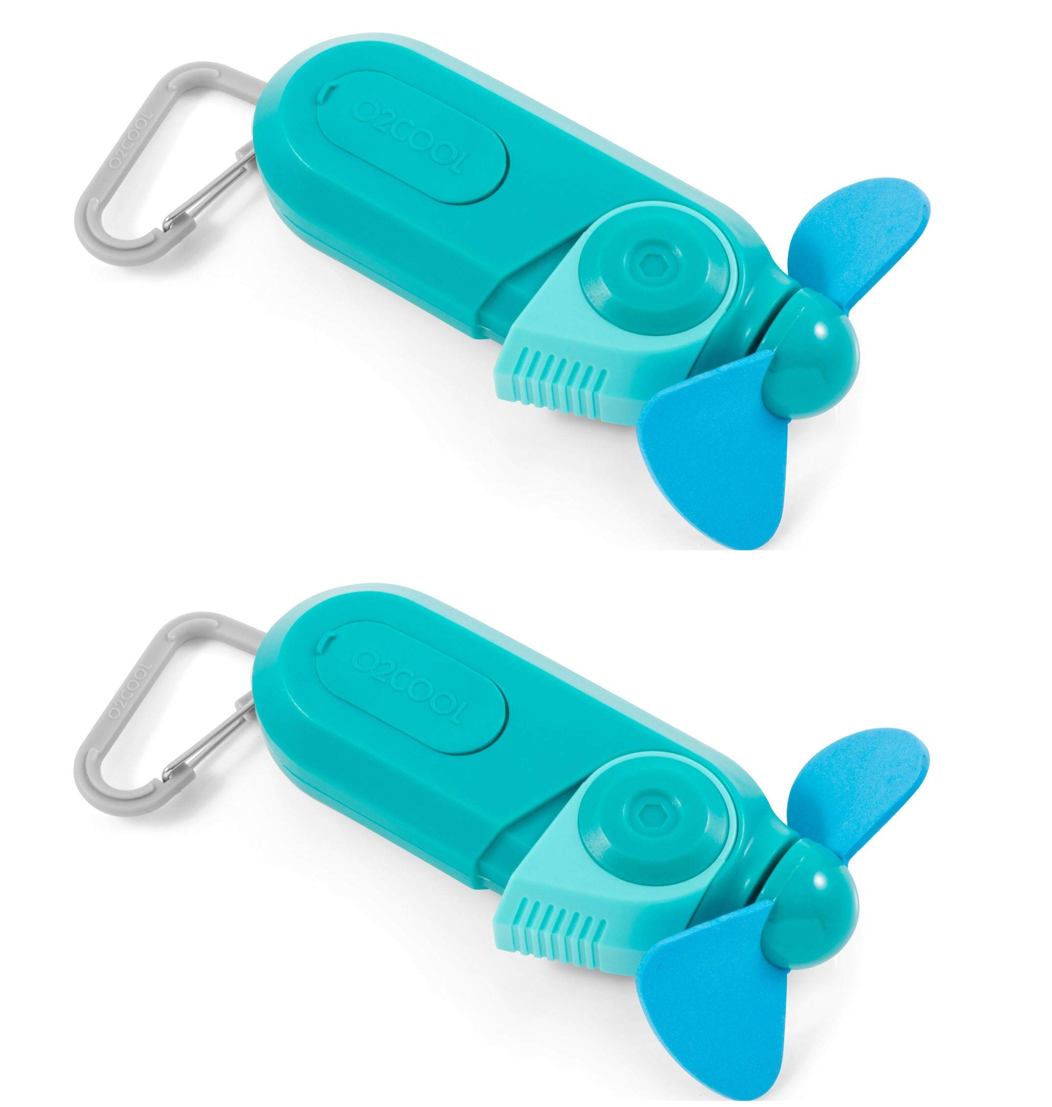 O2COOL 2-Pack Keychain Sport Misting Fan - Portable Battery Powered Handheld Fan with Carabiner Clip & Mister - Compact Cooling Fan for Outdoor Activities, Sports, Travel & Summer Use (Teal)