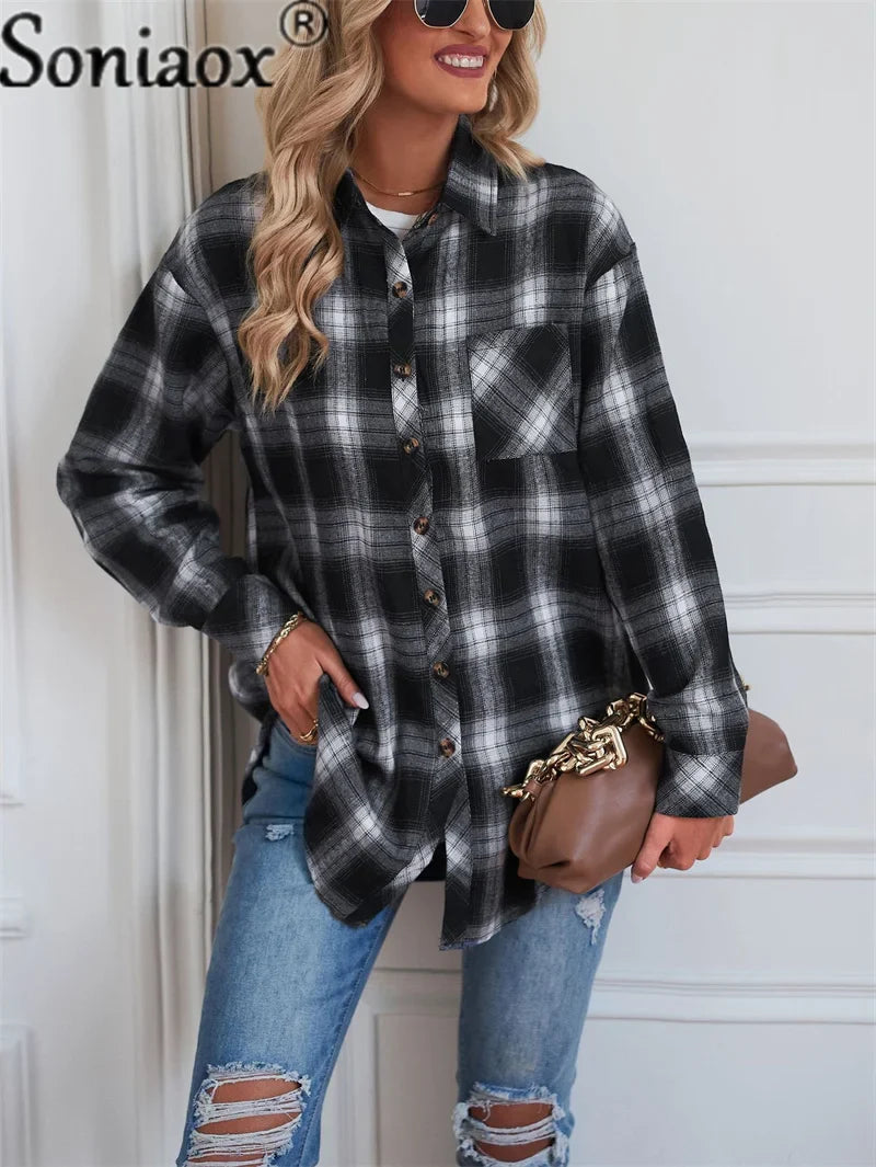 Women's Flannel Plaid Shirt - Soft Loose Fit Long Sleeve Button Down Blouse with Pockets | Casual Fall & Winter Layering Top for Outdoor Activities, Work & Everyday Wear