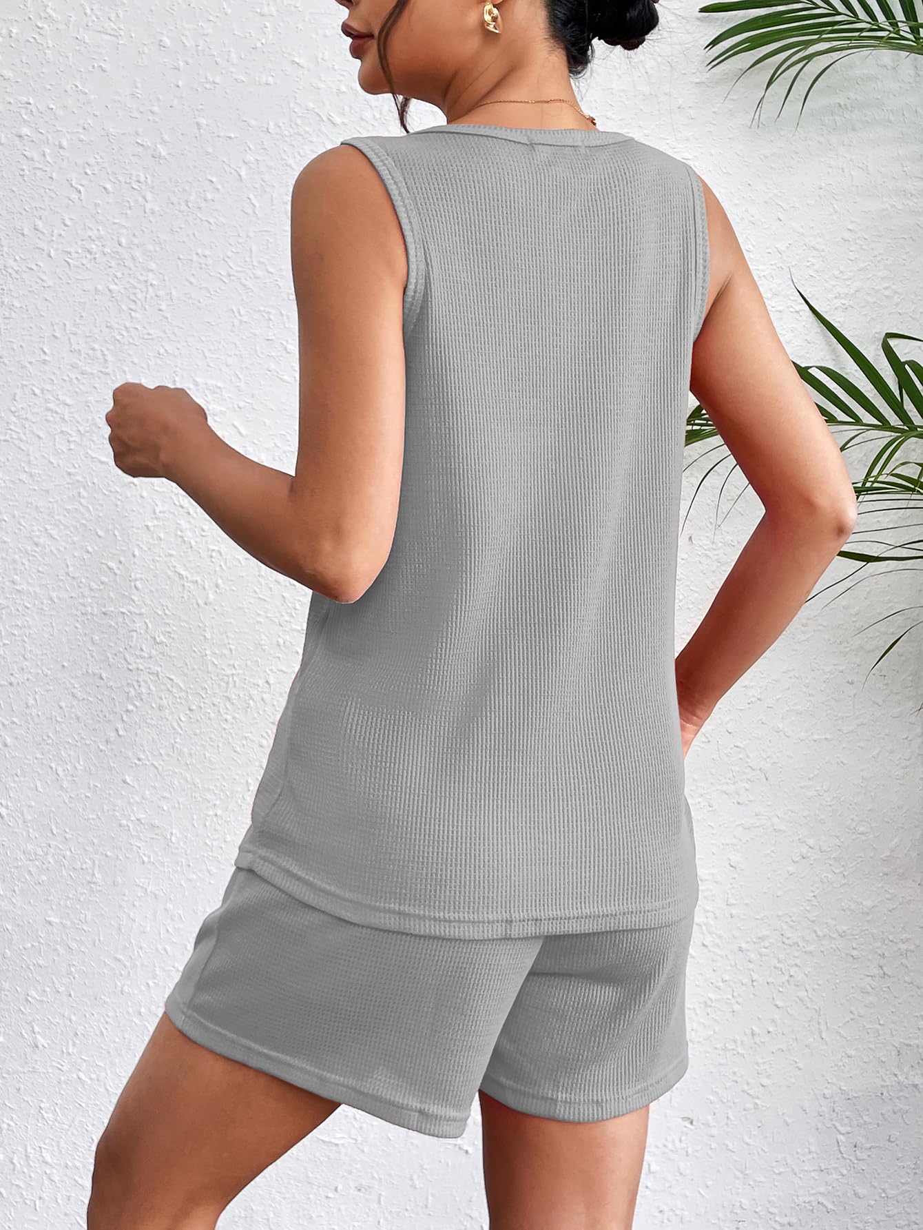 Ekouaer Women's Waffle Knit Pajama Set - V-Neck Tank Top & Shorts Lounge Set | Soft Sleepwear & Casual Outfit for Home, Travel & Relaxation