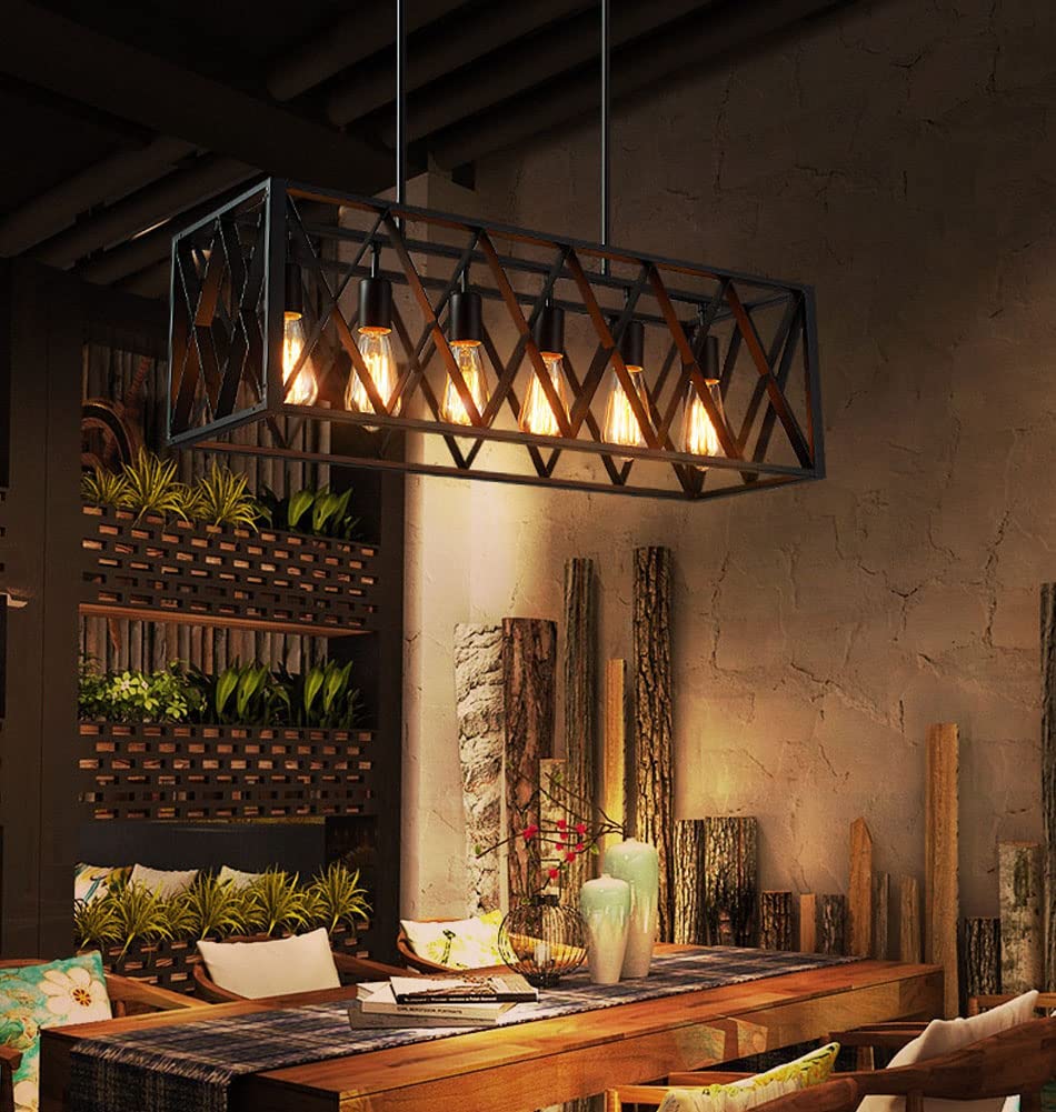 6-Light Modern Farmhouse Chandelier - Industrial Black Rectangular Pendant Light Fixture for Dining Room, Kitchen, Living Room & Bar | Rustic Ceiling Lighting for Home Decor & Commercial Spaces