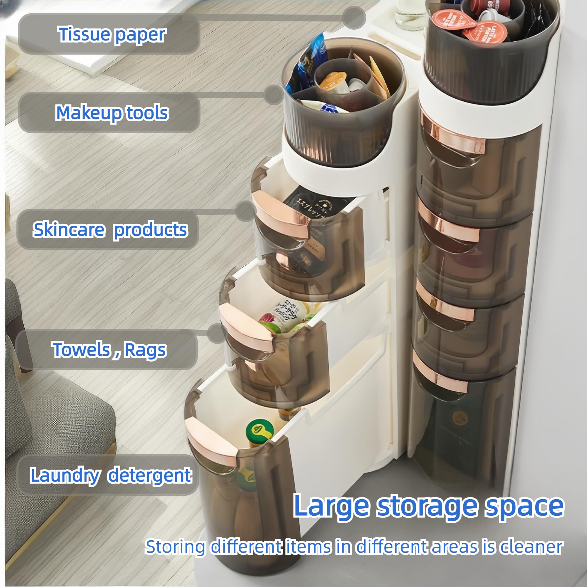 3-Tier Slim Bathroom Storage Cabinet - Waterproof Narrow Floor Cabinet Organizer with Drawers for Small Spaces, Kitchen, Living Room - Perfect for Bathroom Essentials, Kitchen Utensils & Home Organization