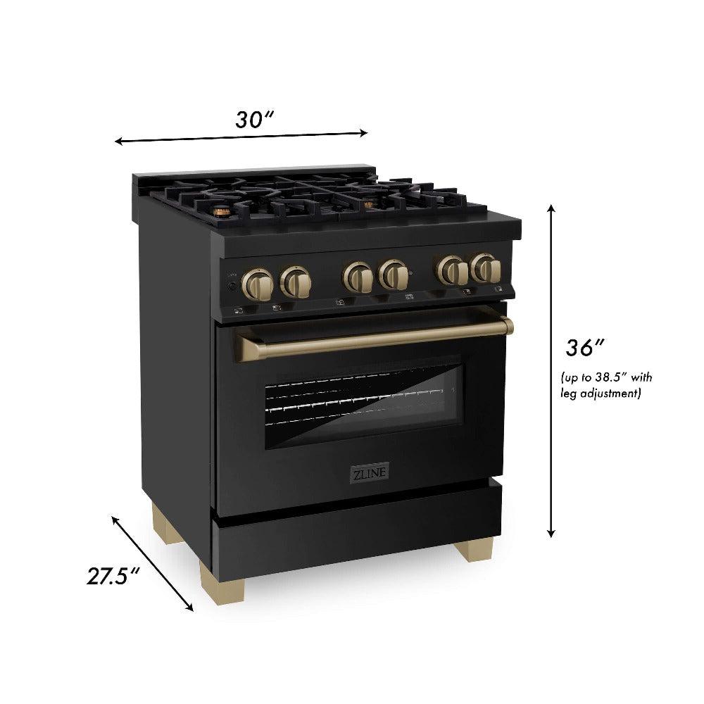 ZLINE Autograph Edition 30-inch Black Stainless Steel Kitchen Package - Dual Fuel Range, Range Hood, Dishwasher & Refrigerator with External Water Dispenser & Champagne Bronze Accents (4AKPR RABRHDWV30 CB) | Premium Kitchen Appliances for Modern Homes & Gourmet Cooking