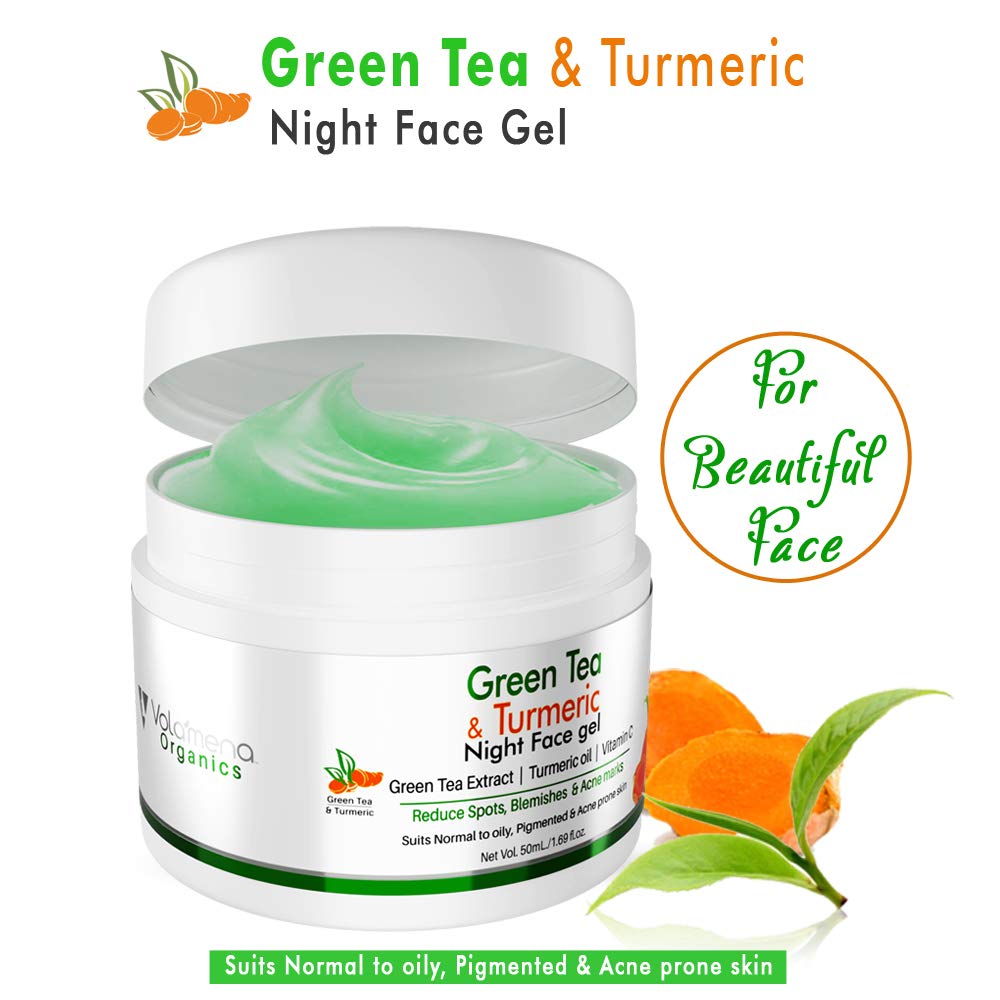 Volamena Green Tea, Turmeric & Vitamin C Night Face Gel - 50ml for Reducing Spots, Blemishes & Acne Marks | Brightening & Anti-Aging Skincare | Perfect for Nighttime Routine & Sensitive Skin Care