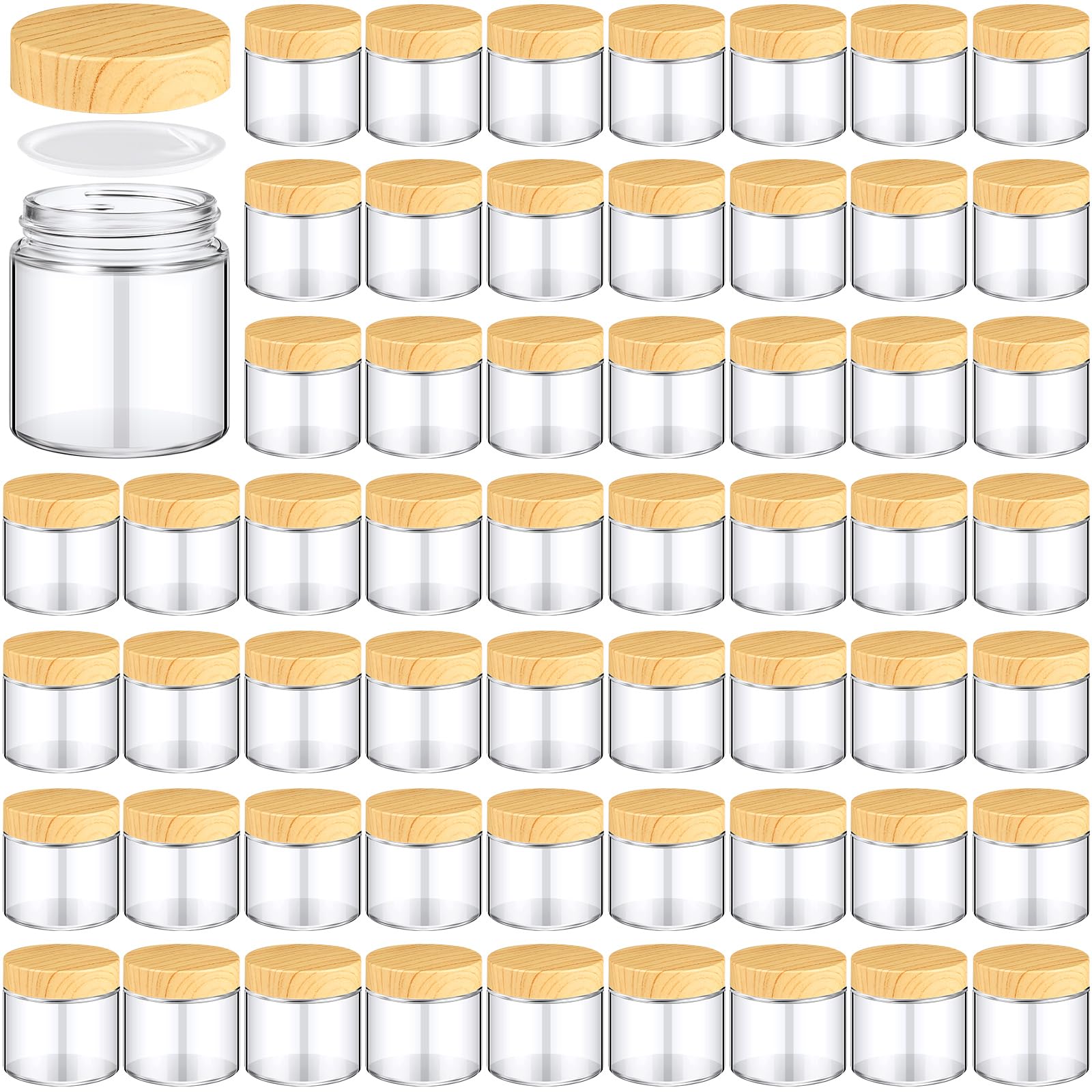64 Pcs Small Glass Jars with Woodgrain Lids - 4 oz Airtight Cosmetic Containers with Inner Liners | Reusable Empty Jars for DIY Beauty, Travel & Home Storage | Perfect for Creams, Salves, Spices & Crafts