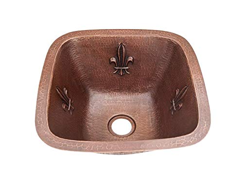 CSQBS-FDL-15-FL-DL Copper Square Bar Sink with Fleur De Lis Design - 7 x 15 x 15 Inches - Dark Light Finish - Perfect for Kitchen, Bar, and Restaurant Decor