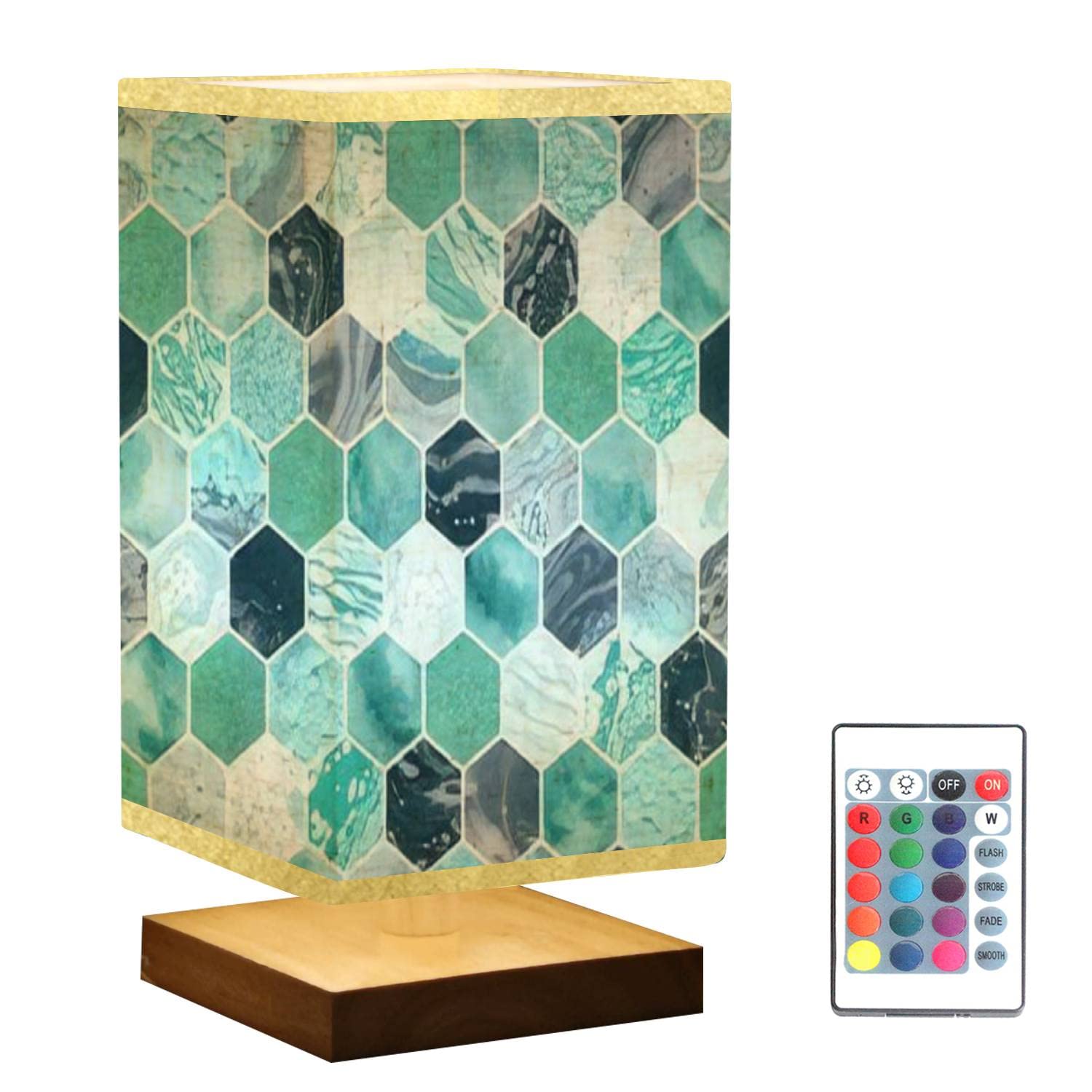 Hand Painted Marble Tile Square Bedside Table Lamp with Wooden Base & Flaxen Fabric Shade - Dimmable Nightstand Lamp for Bedroom, Living Room, Office - Perfect for Reading, Relaxing & Home Decor
