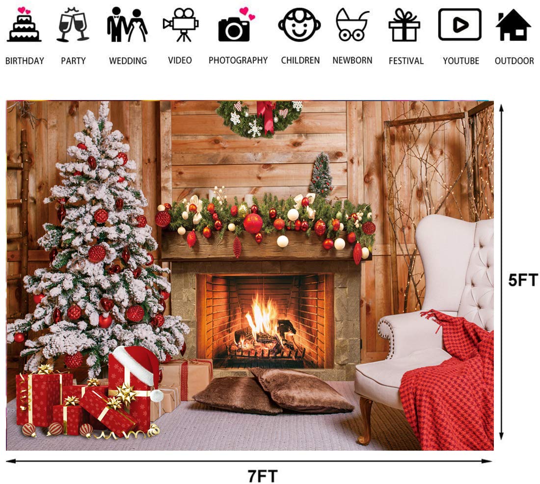 LTLYH 7x5ft Rustic Wooden Fireplace Christmas Backdrop - Holiday Family Photo Background for Xmas Eve Party Decor, Tree Photography Scene, Home Celebration & Social Media Content