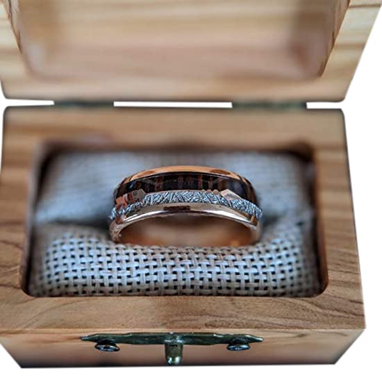 18K Rose Gold Tungsten Meteorite Wedding Ring for Men - 8mm Space Rock Arrow Inlay Wood Band - Unique Anniversary & Engagement Gifts for Him - Perfect for Outdoor Adventures & Romantic Proposals