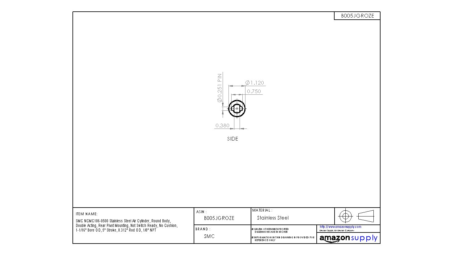 SMC NCMC150-0500 Stainless Steel Air Cylinder - 1-1/2