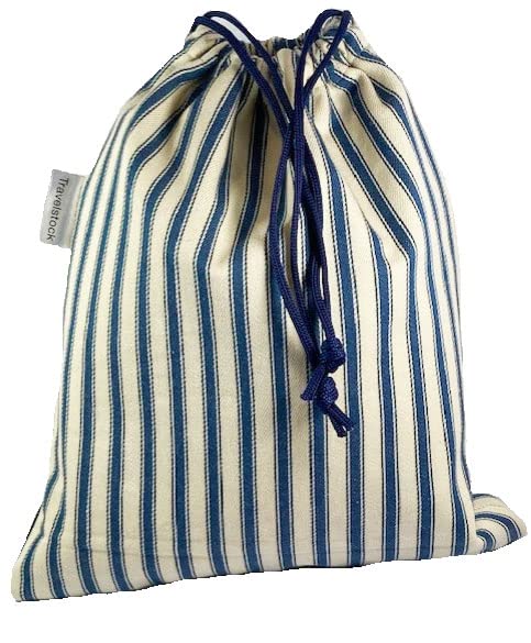 Travelstock Men's Drawstring Wash Bag - Cotton Ticking Denim Blue & Cream Stripes Toiletry Bag for Travel, Gym, Camping & Daily Use
