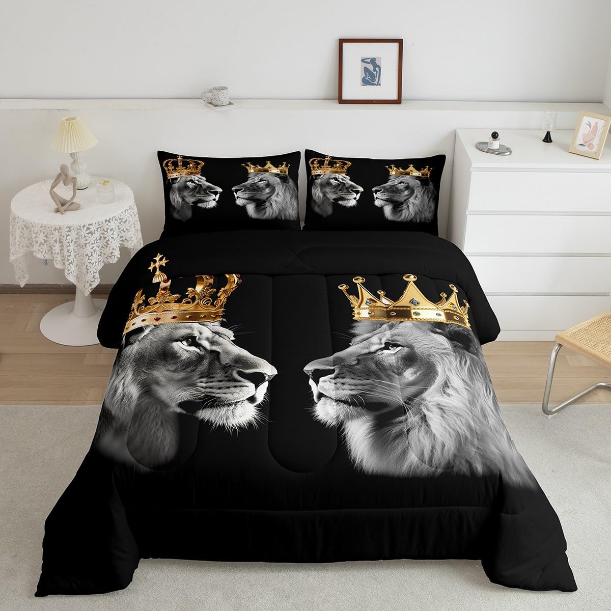 Wild Lion King & Queen Crown Comforter Set Full Size - Gold Tropical African Animal Microfiber Bedding with 2 Pillowcases for Girls & Teens | Perfect for Jungle-Themed Bedrooms, Safari Decor, or Unique Birthday Gifts