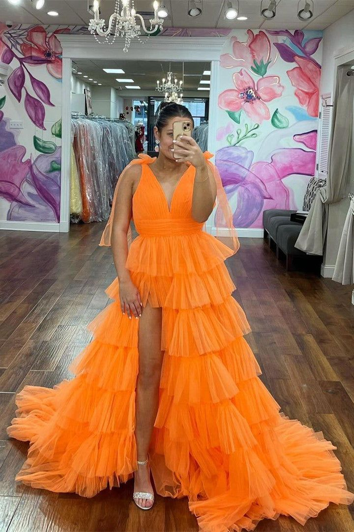 Elegant V-Neck Ruffled Long Prom Dress with Bow Straps & High Slit - Tulle Ball Gown for Homecoming, Wedding, and Evening Party