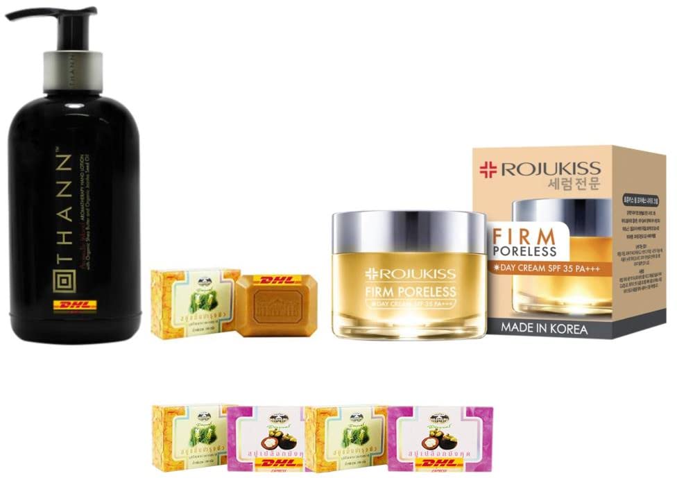 Premium Thann Aromatic Wood Hand Lotion & Rojukiss Firm Poreless Day Cream SPF35 Set - F-8859 | Nourishing Skincare Combo for Dry Hands & Face | DHL Express Shipping by Thaigiftshop | Perfect for Daily Moisturizing & Sun Protection | [Free Tomato Facial Mask Included]