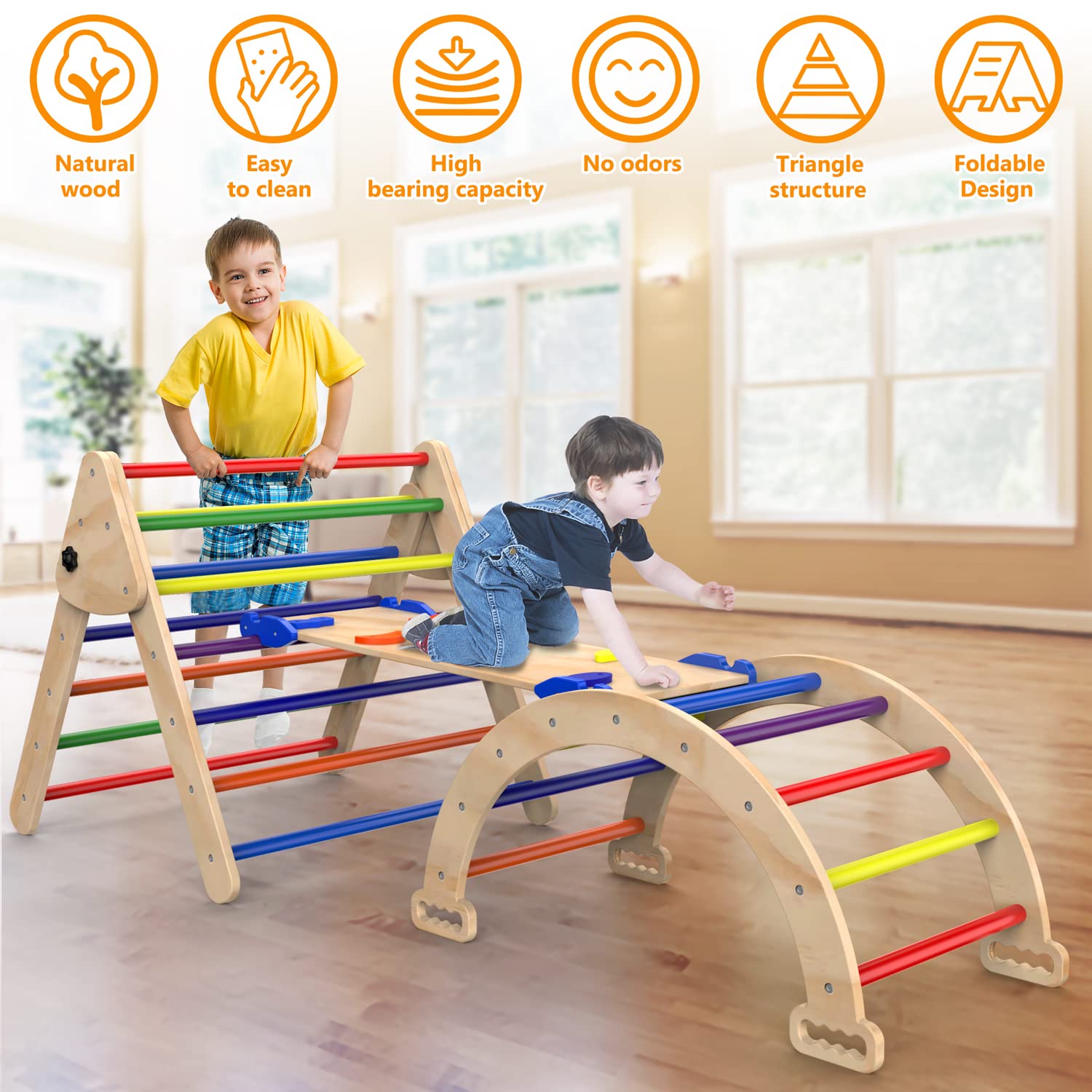 Foldable Wooden Climbing Triangle Ladder with Slide Ramp - 3-Piece Montessori Play Gym Set for Toddlers | Indoor & Outdoor Climbing Toys for Kids | Perfect for Backyards, Playrooms & Daycare Centers